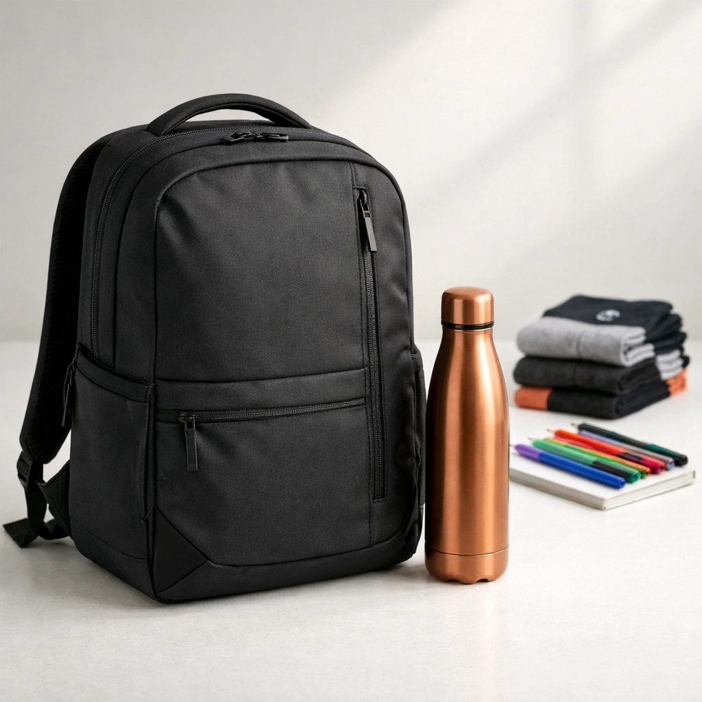 Strategic tiered trade show giveaways including a premium tech backpack, water bottle, and branded pens.