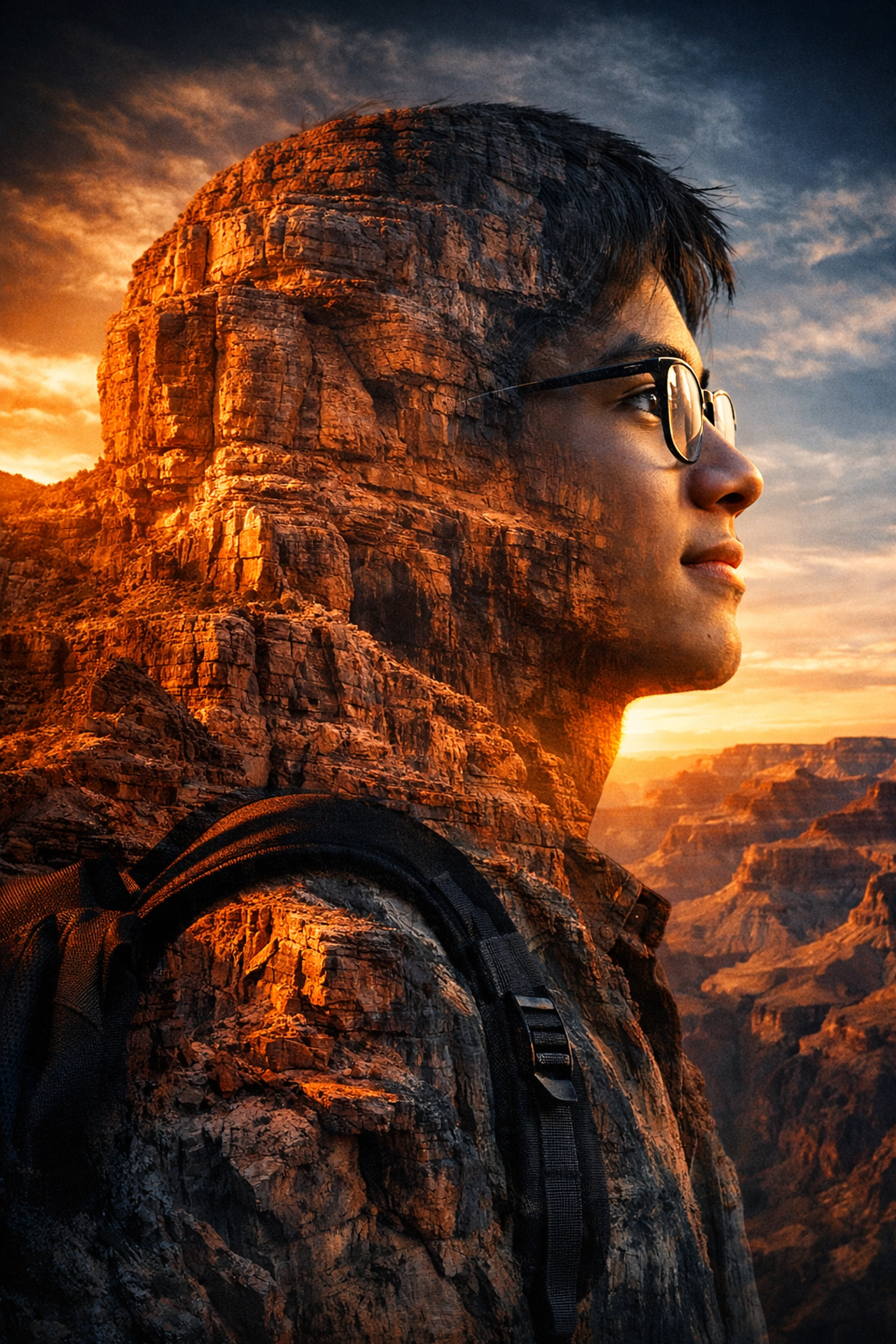 A student reflecting on personal purpose with the Grand Canyon cliffs as a backdrop.