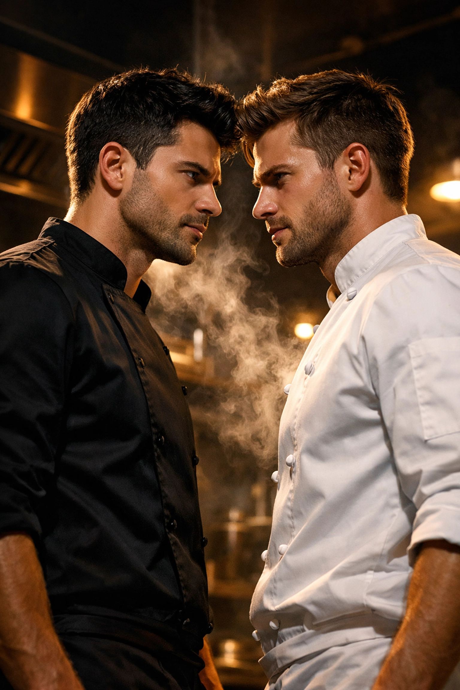 Two rival male chefs face off in professional kitchen - gay romance story
