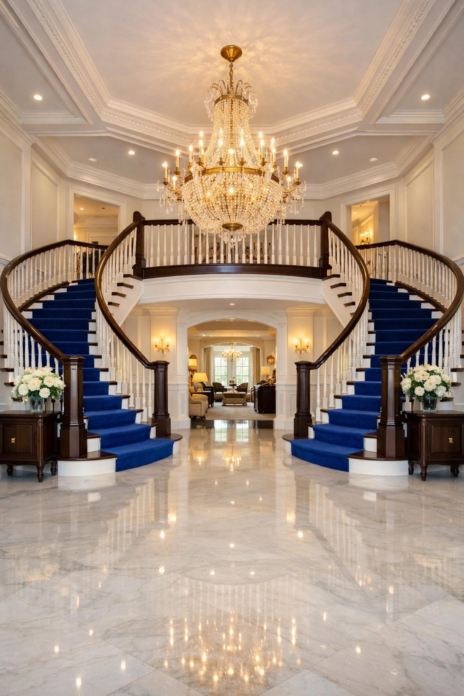 Polished marble foyer of a Dover mansion, a hallmark of professional residential cleaning Massachusetts.