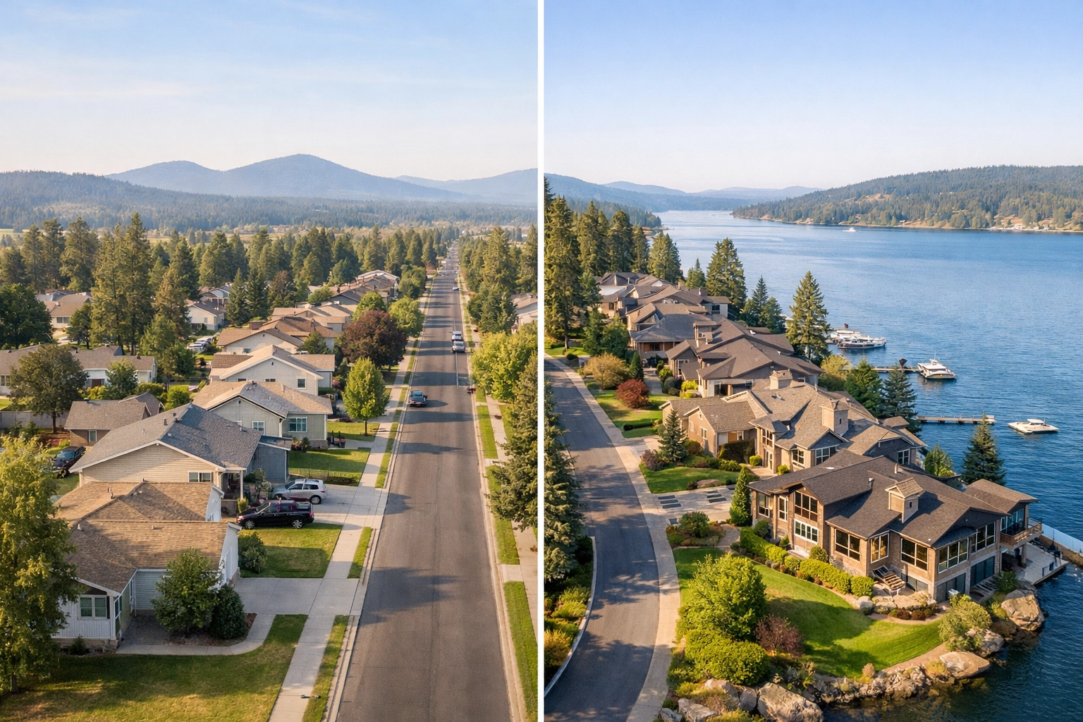 Aerial comparison of Spokane and Coeur d'Alene neighborhoods showing housing market differences