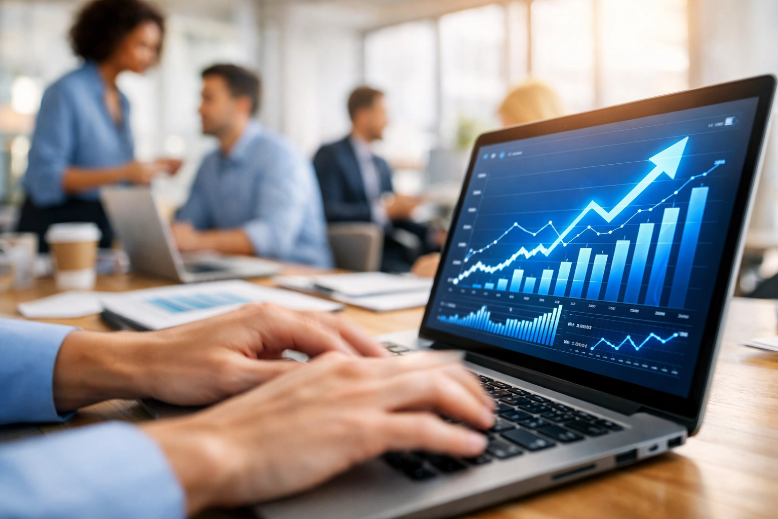 Business owner using bookkeeping software showing growth metrics and financial dashboards