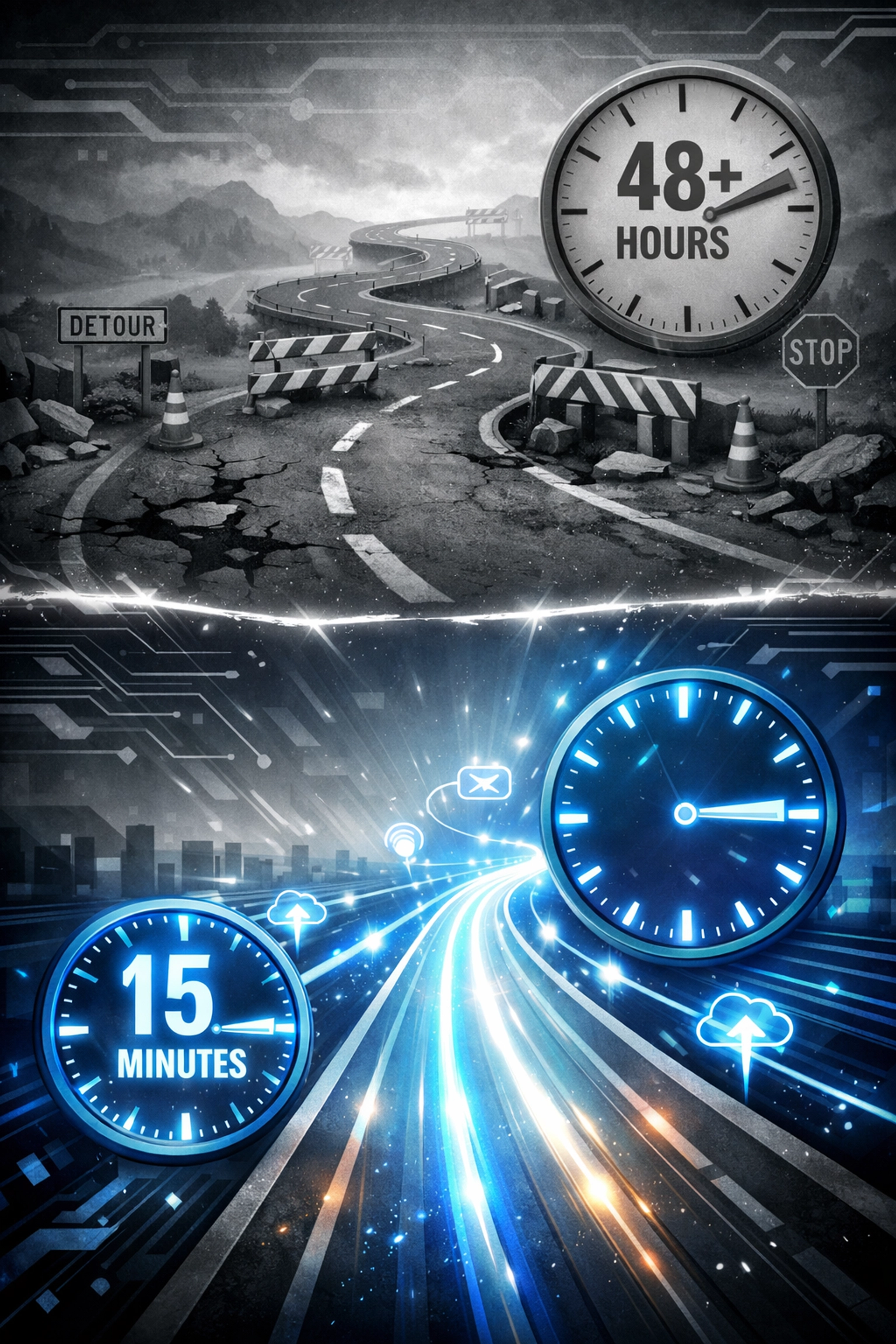 IT disaster recovery timeline comparison showing extended downtime versus rapid business continuity