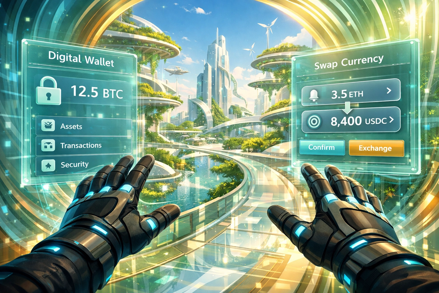A decentralized Web3 payment interface and AI portal for seamless crypto shopping in a futuristic metaverse city.