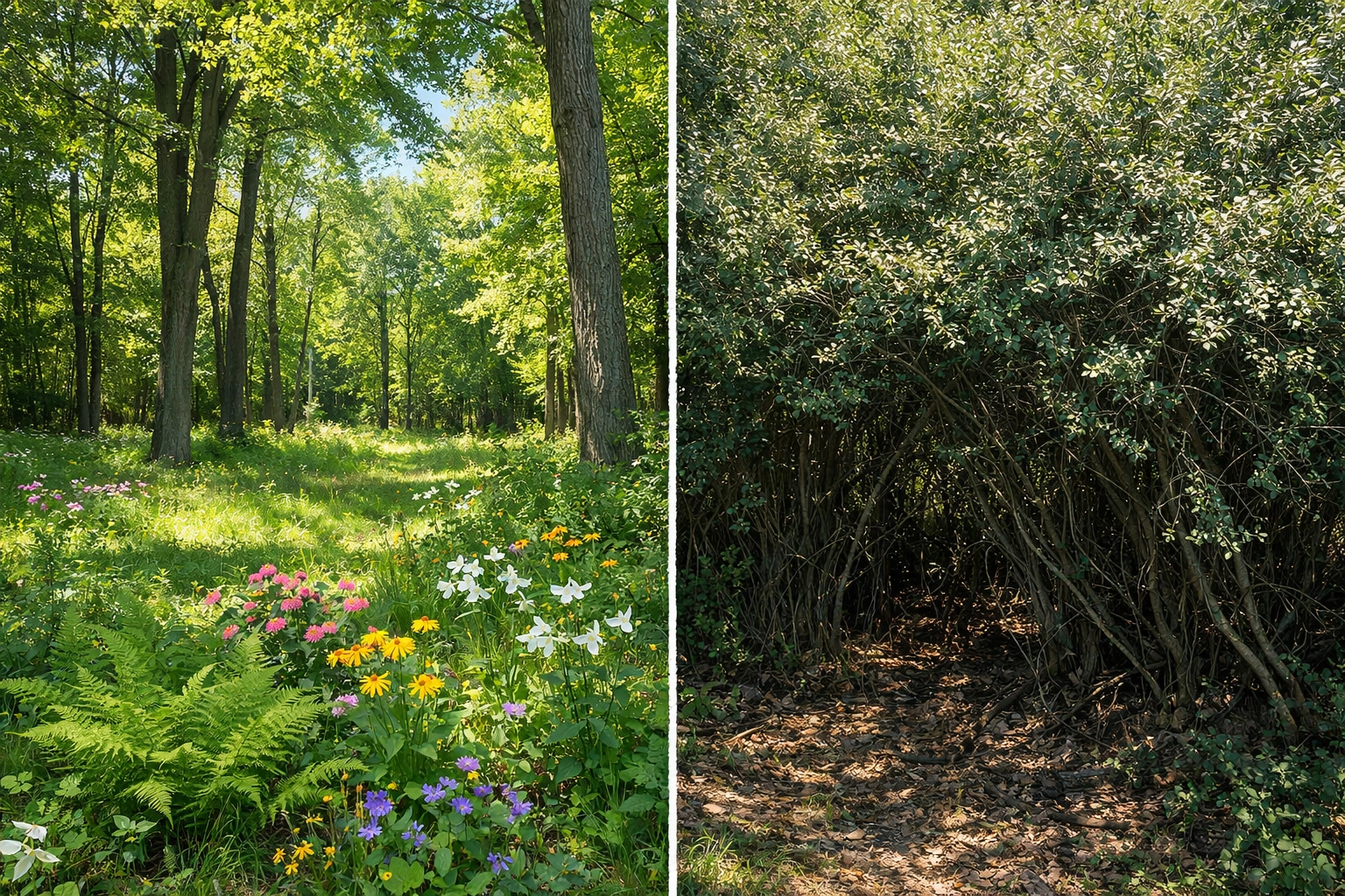 Comparison of a healthy Michigan woodland versus a dense thicket of invasive Autumn Olive and Buckthorn.