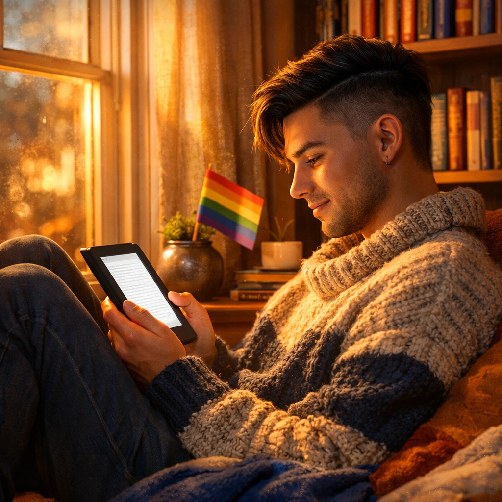 A man reading a popular LGBTQ+ ebook on a tablet in a cozy, sunlit home library nook.