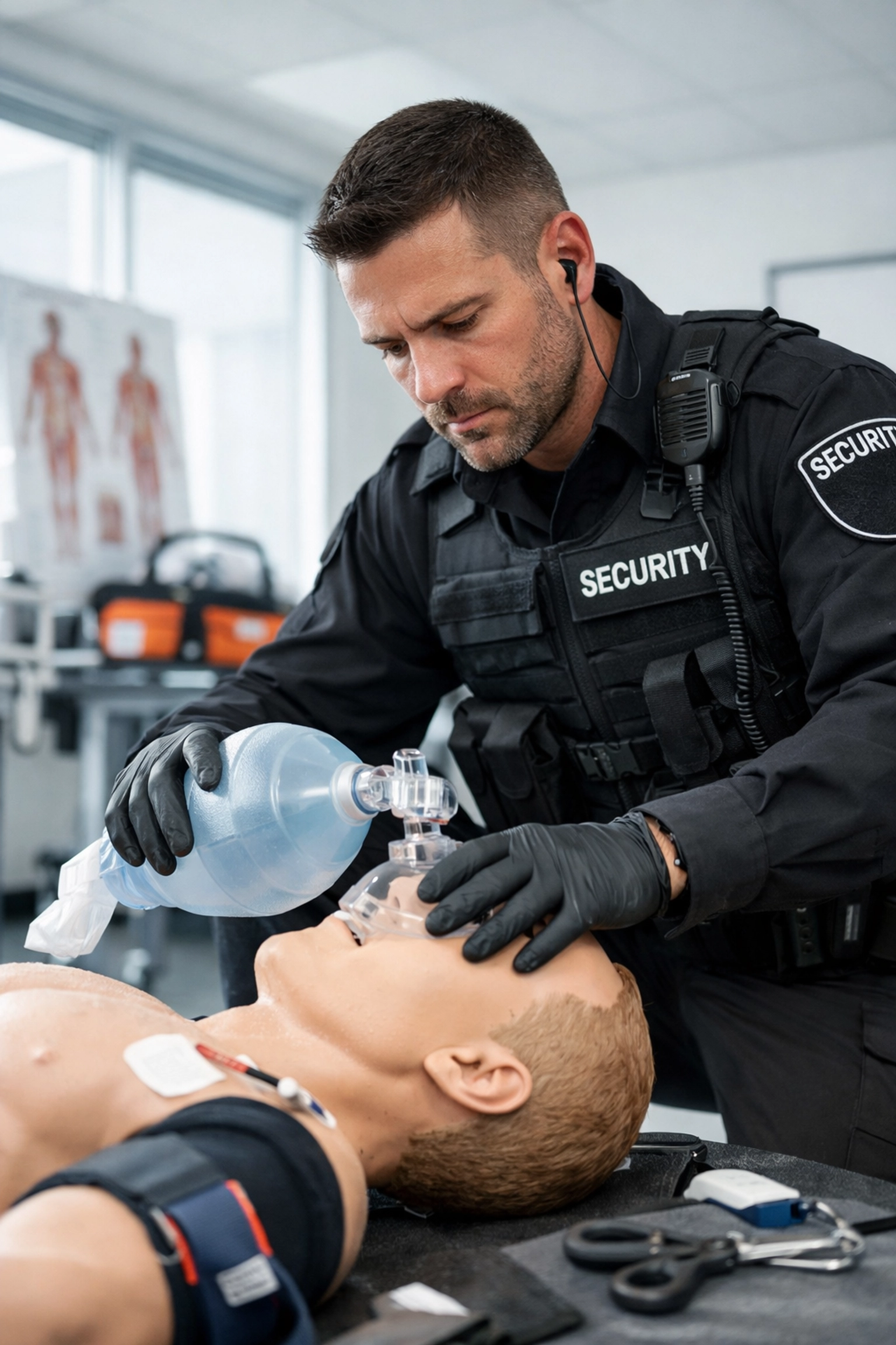 Professional SIA security guard practicing advanced first aid training on a mannequin.