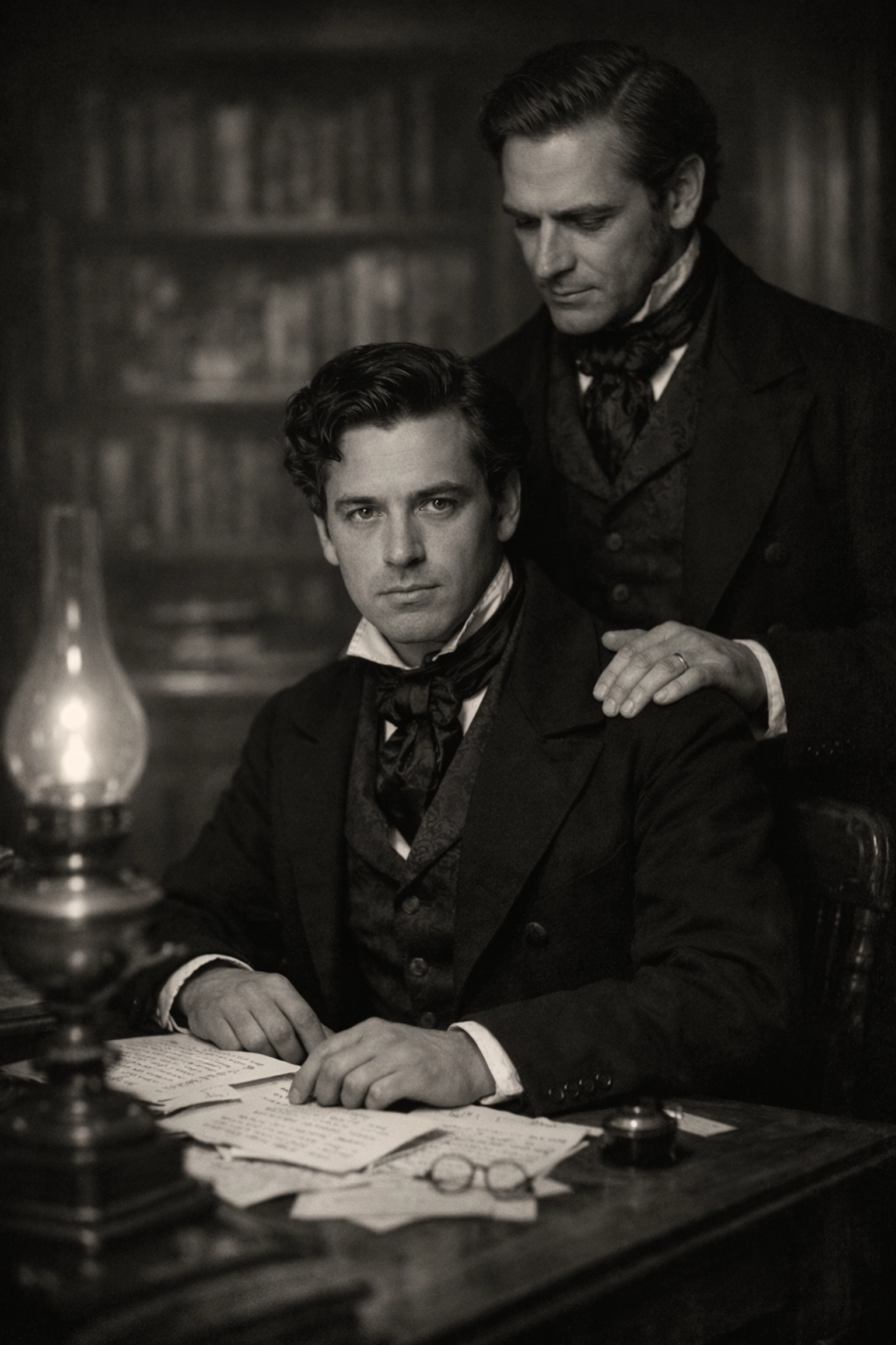 Two Victorian gentlemen in frock coats sharing a subtle, affectionate moment in a wood-paneled study.