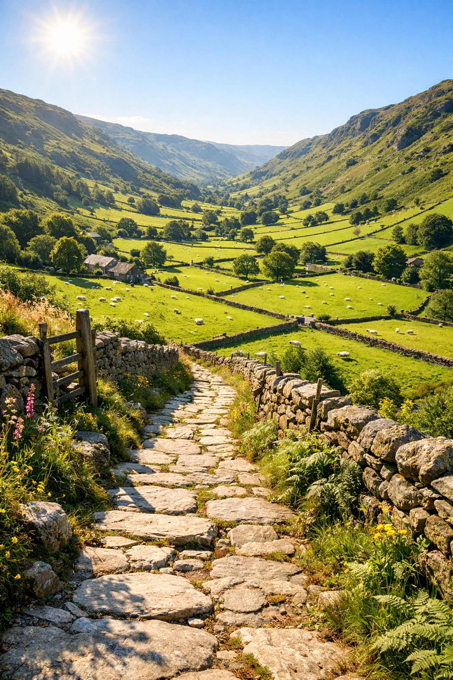 A sunlit stone hiking path winding through a green valley in the Lake District countryside.