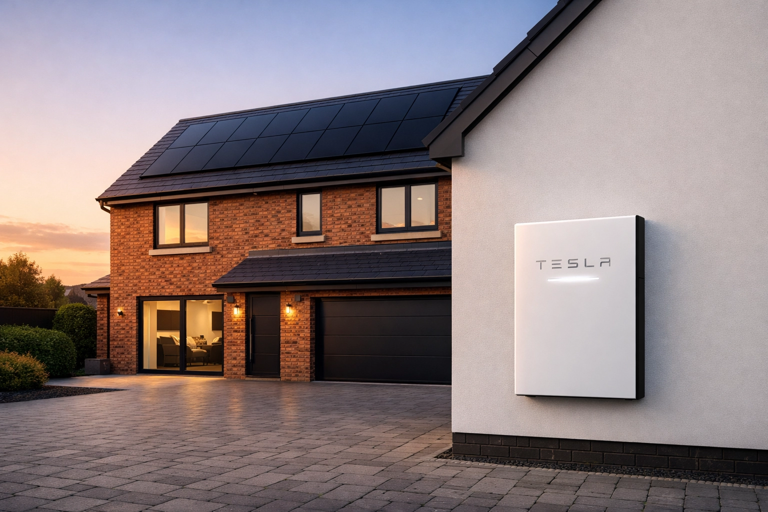 Contemporary UK house featuring Tier-1 all-black solar panels and a Tesla Powerwall 3 battery.