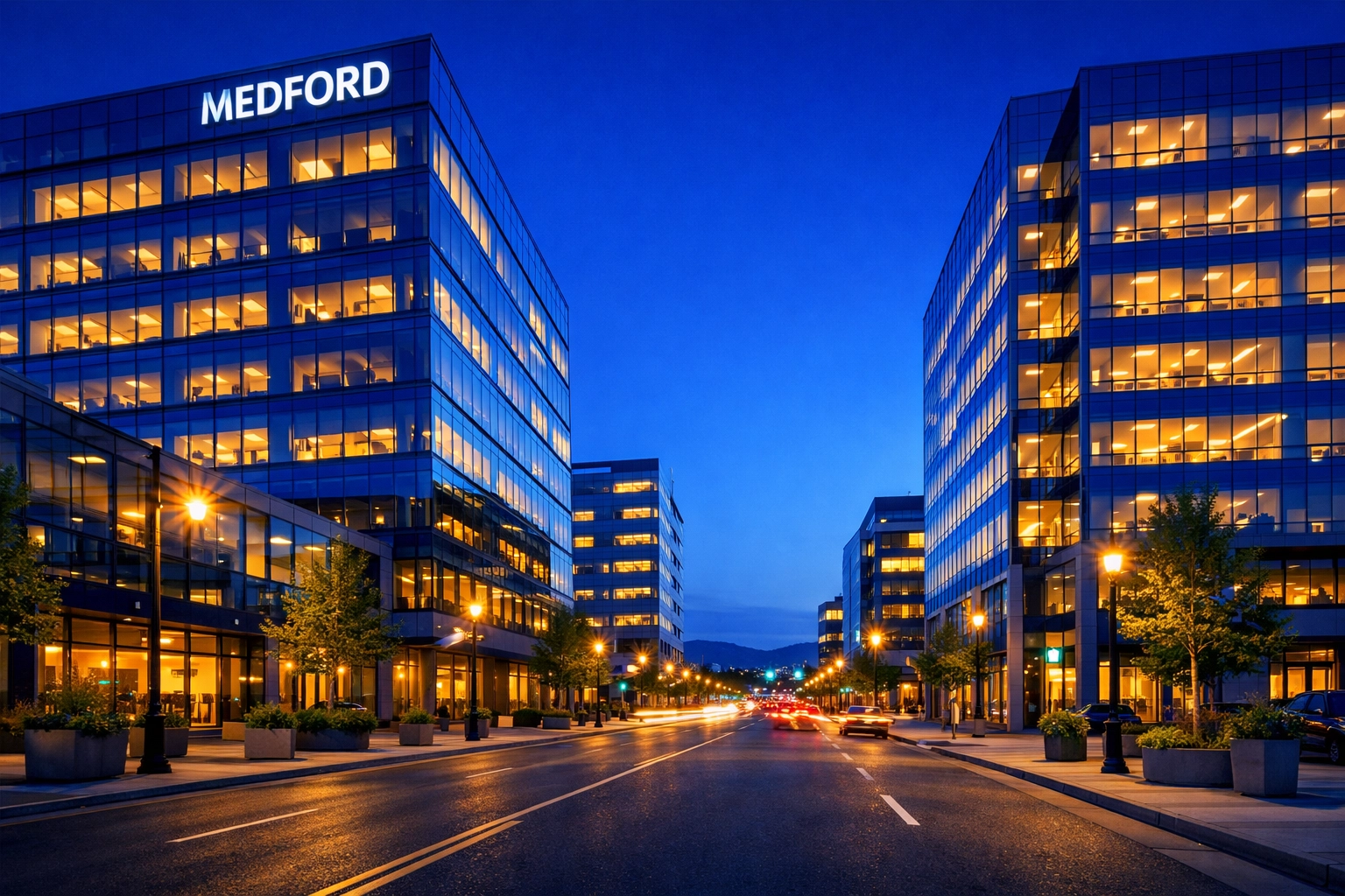 Night view of Medford commercial district buildings featuring professional facility maintenance services.