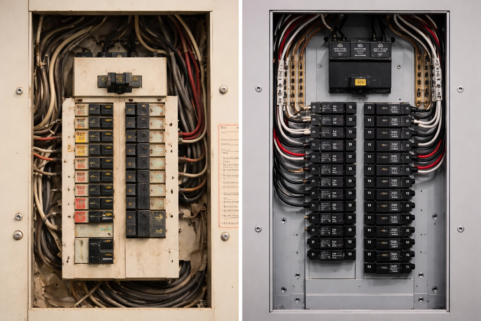 Side-by-side comparison of an outdated Federal Pioneer breaker panel and a new 200-amp electrical panel