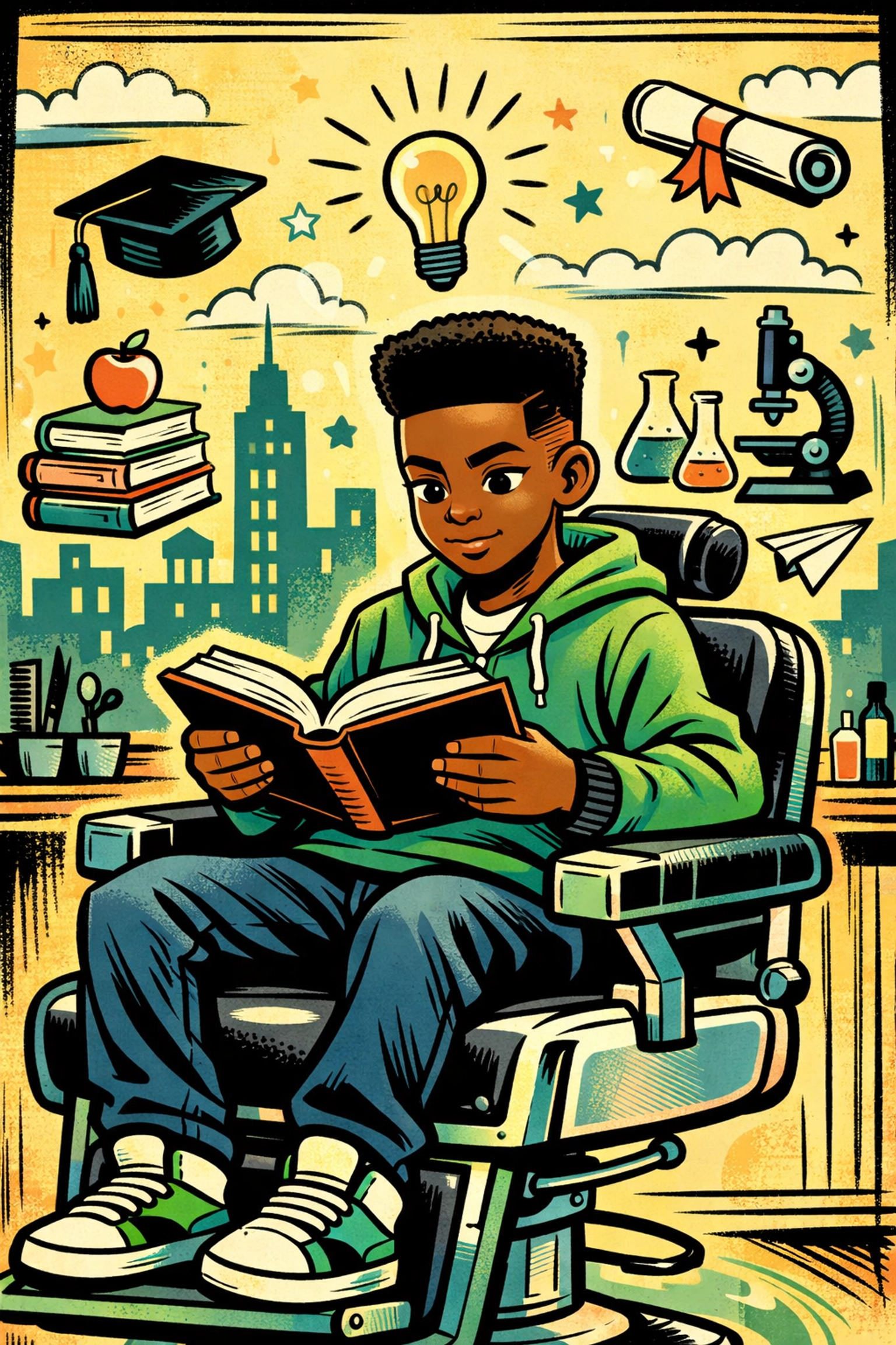 A young Black scholar reads a book in a barber chair, representing CRC literacy initiatives.