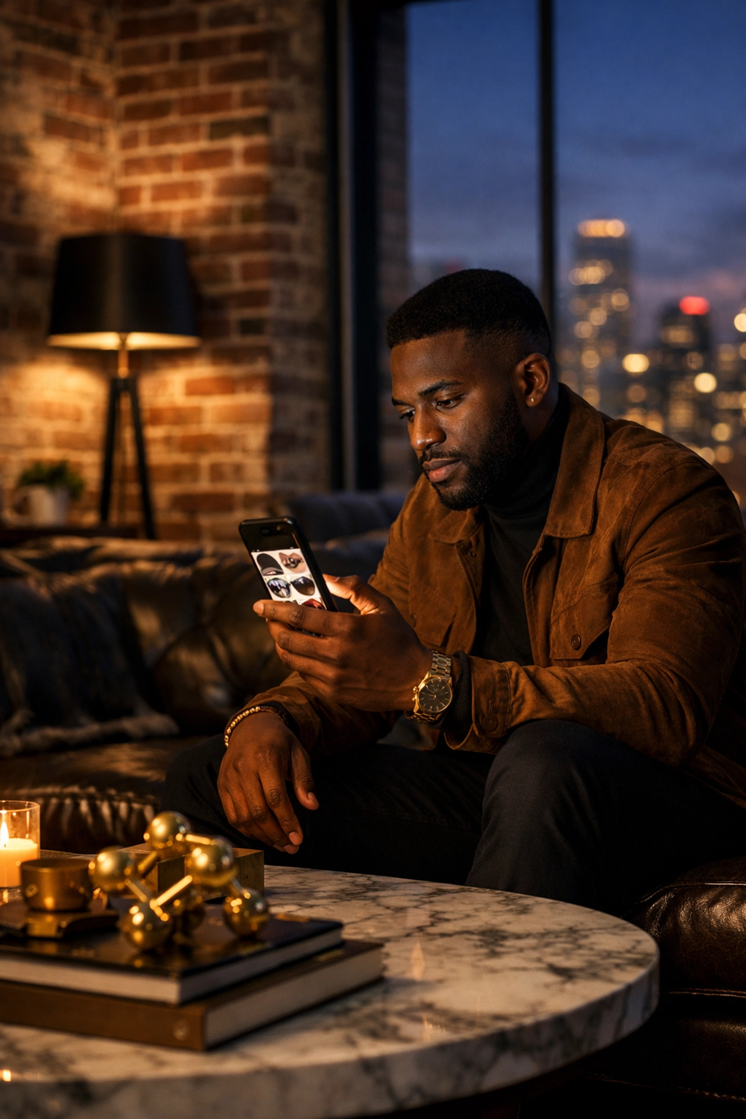 Why Sonny’s Black People of Interest Will Change the Way You Shop Black-Owned Brands Young man browsing premium hats and eyewear on a mobile phone to support Black entrepreneurs.