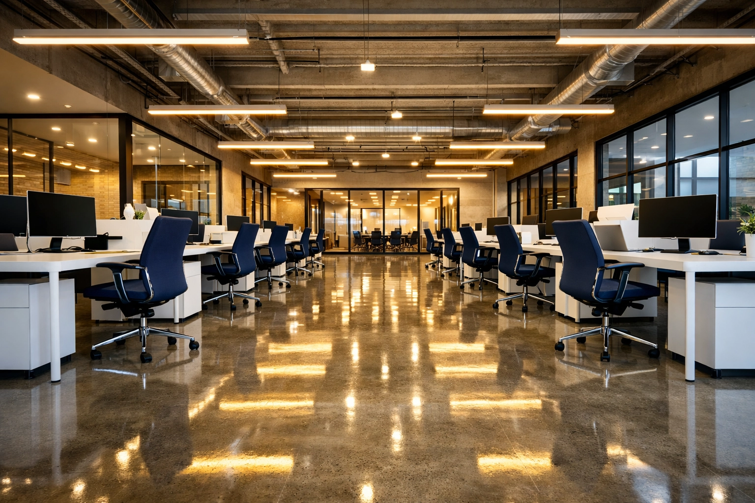 Dust-free professional office in Bellingham showcasing deep cleaning results on polished concrete floors.