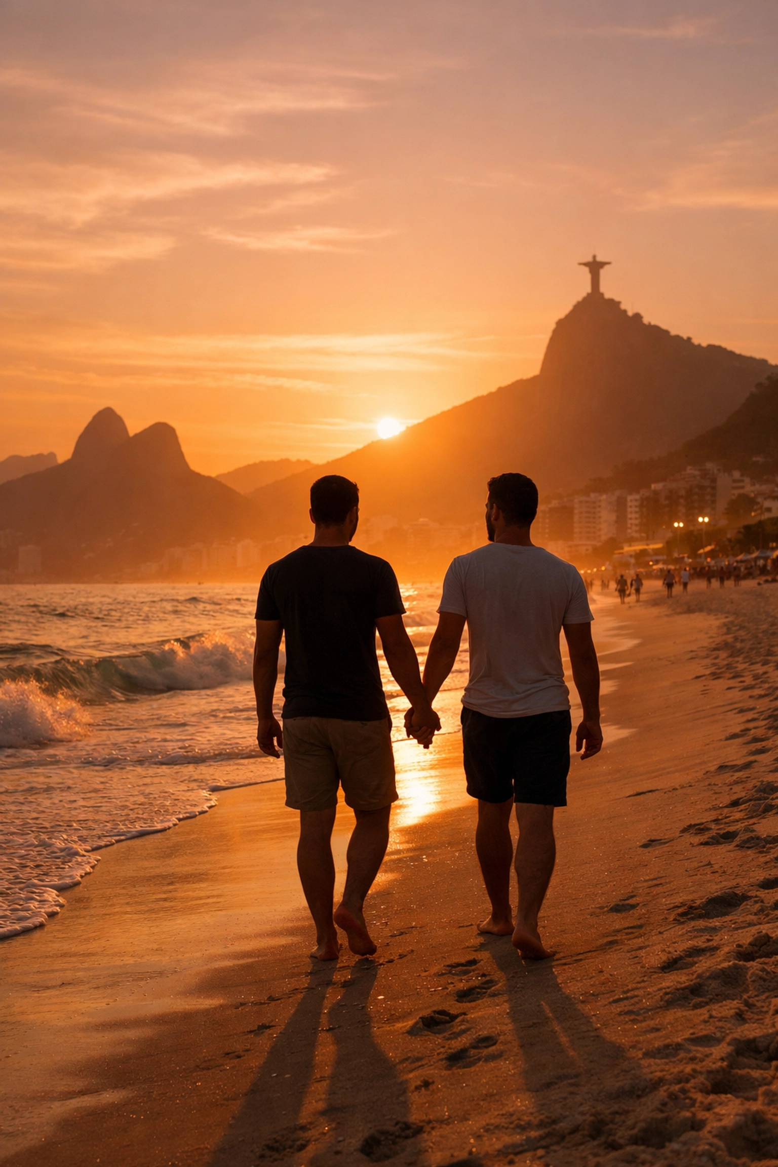Gay couple holding hands walking Ipanema Beach during golden hour in Rio de Janeiro