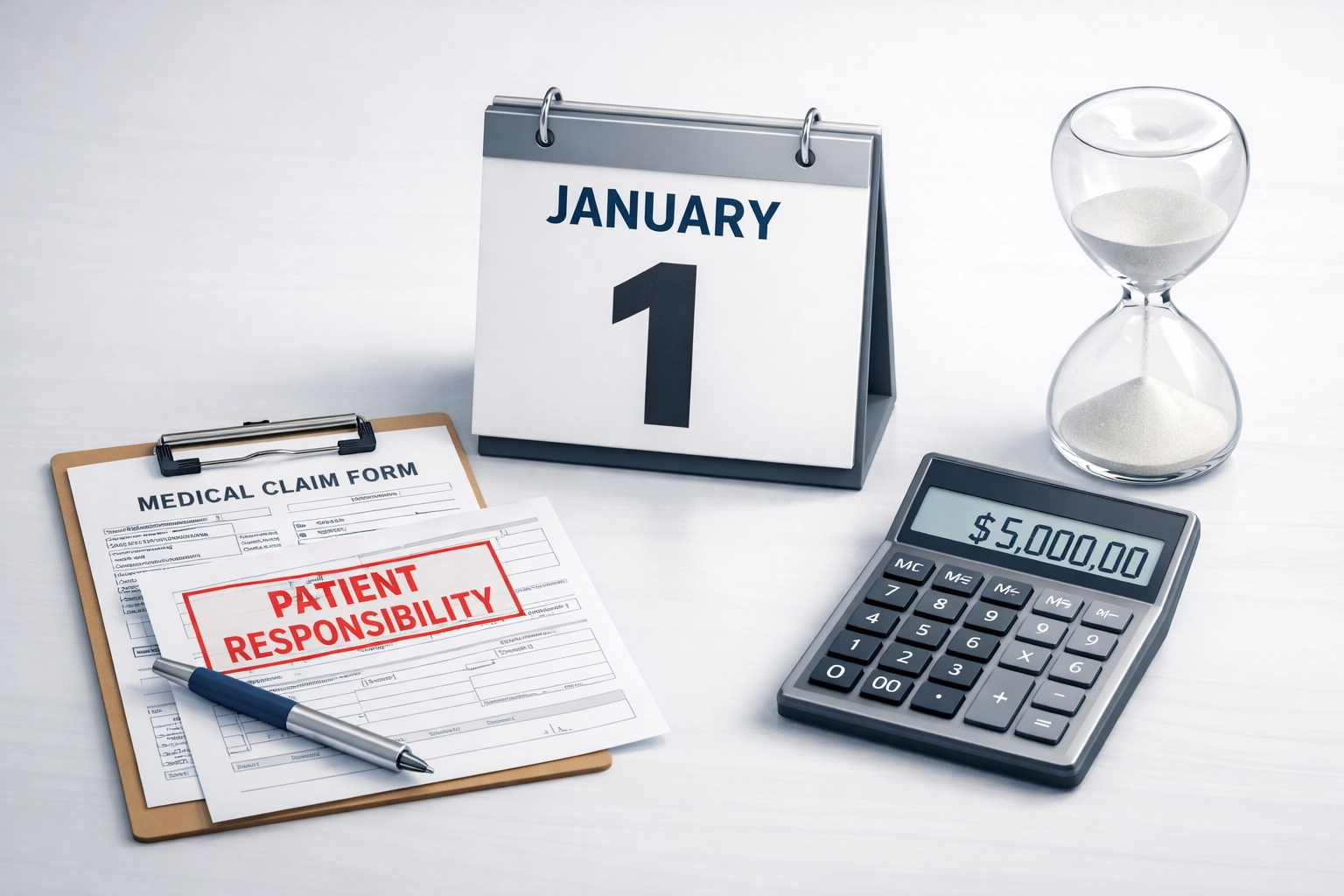 January 1 calendar with medical claim marked patient responsibility and calculator showing deductible reset
