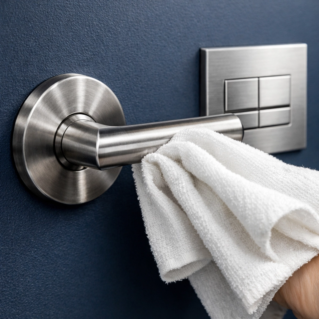 Sanitizing high-touch spots like door handles and light switches during house cleaning in Marlborough.