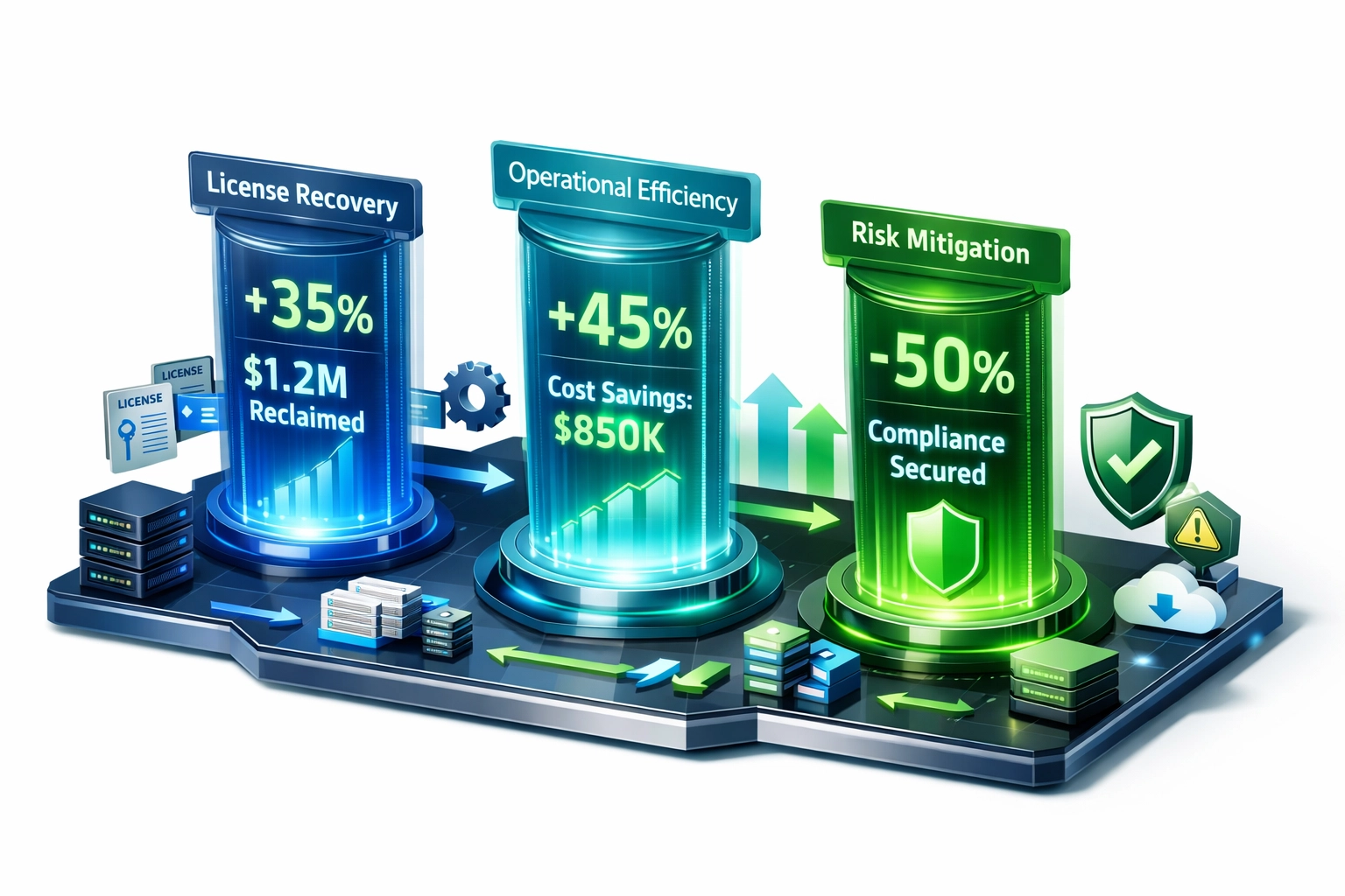 ServiceNow ROI framework showing license recovery operational efficiency and risk mitigation pillars
