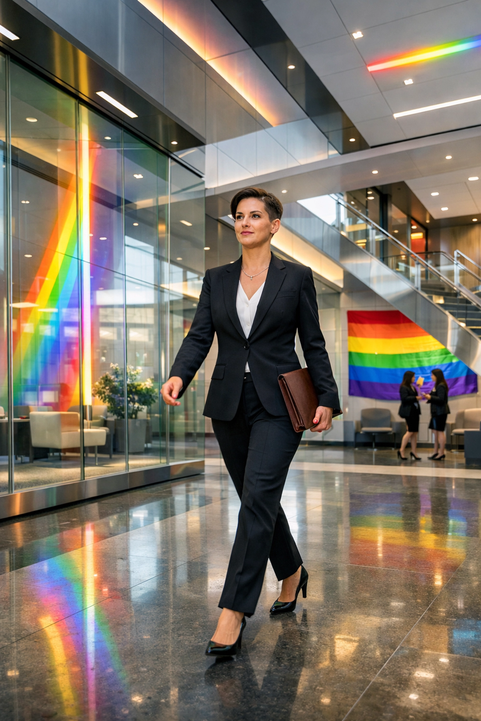 Successful lesbian professional in a modern, inclusive office illustrating LGBTQ+ leadership and career excellence.
