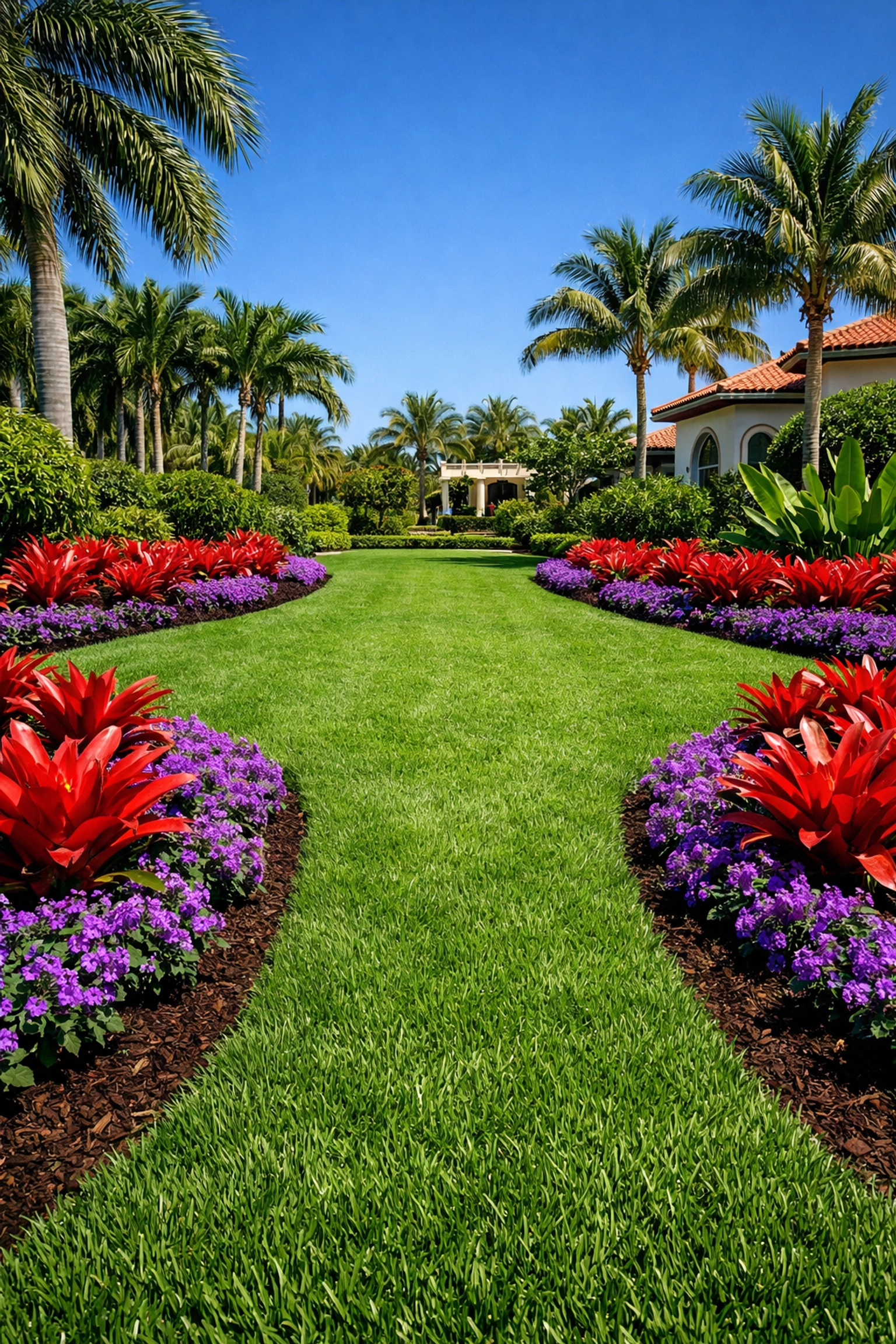 Emerald green lawn and red bromeliads showing the results of proper Sarasota spring fertilization.