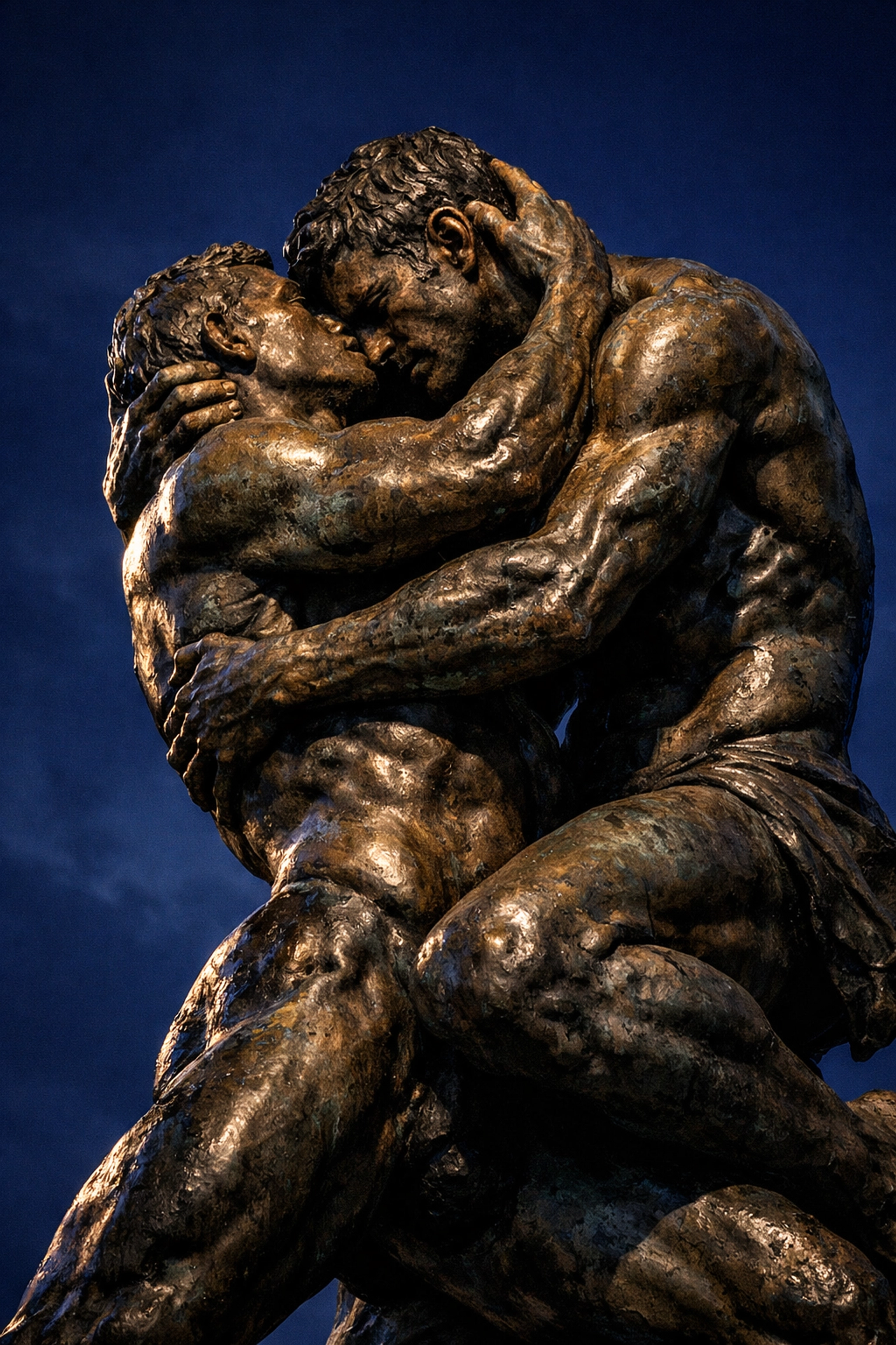 Contemporary bronze sculpture of two men embracing showing gay relationship complexity