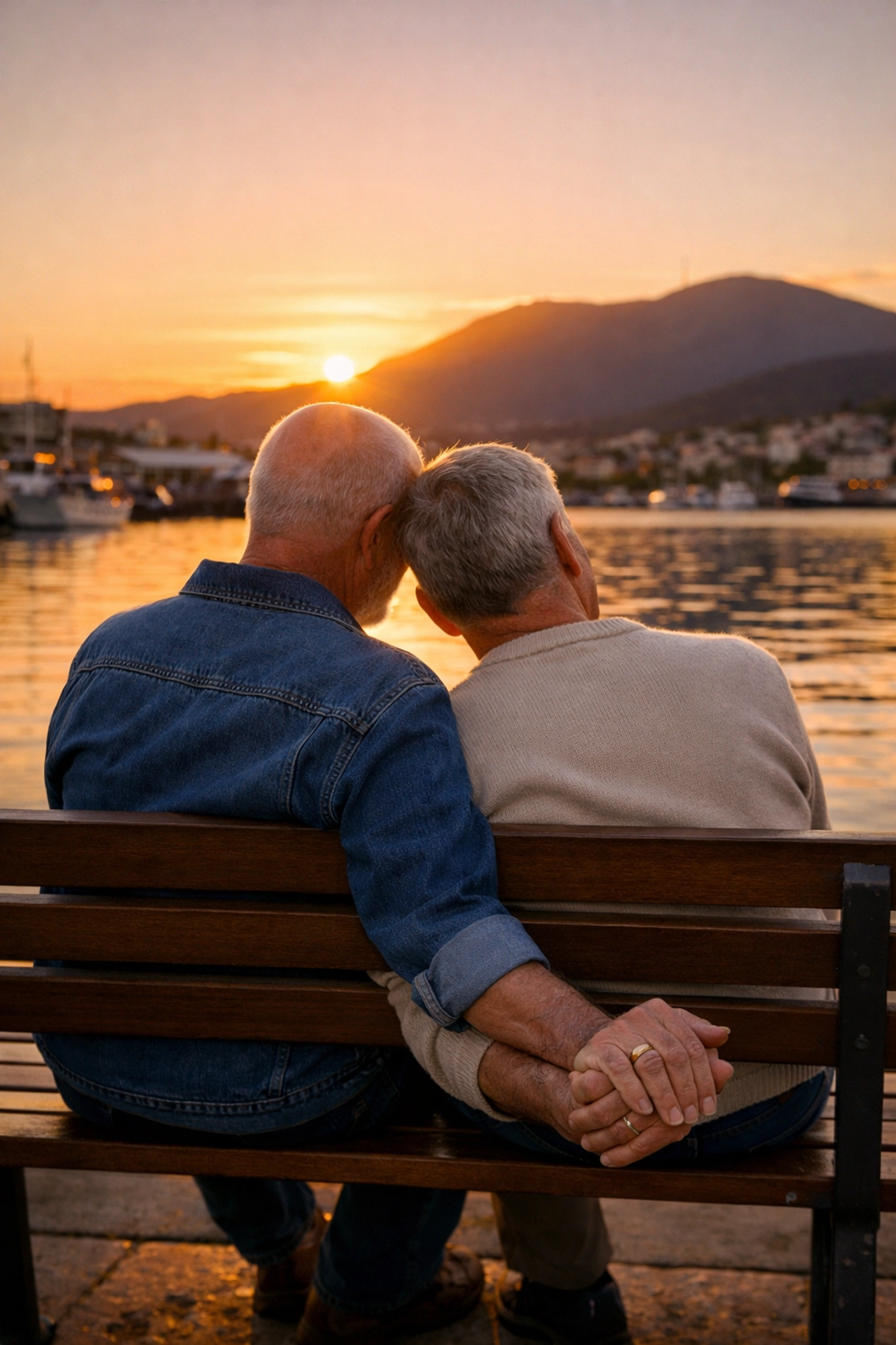 An older gay couple holds hands by the Hobart waterfront, symbolizing the hard-won peace in MM romance books.