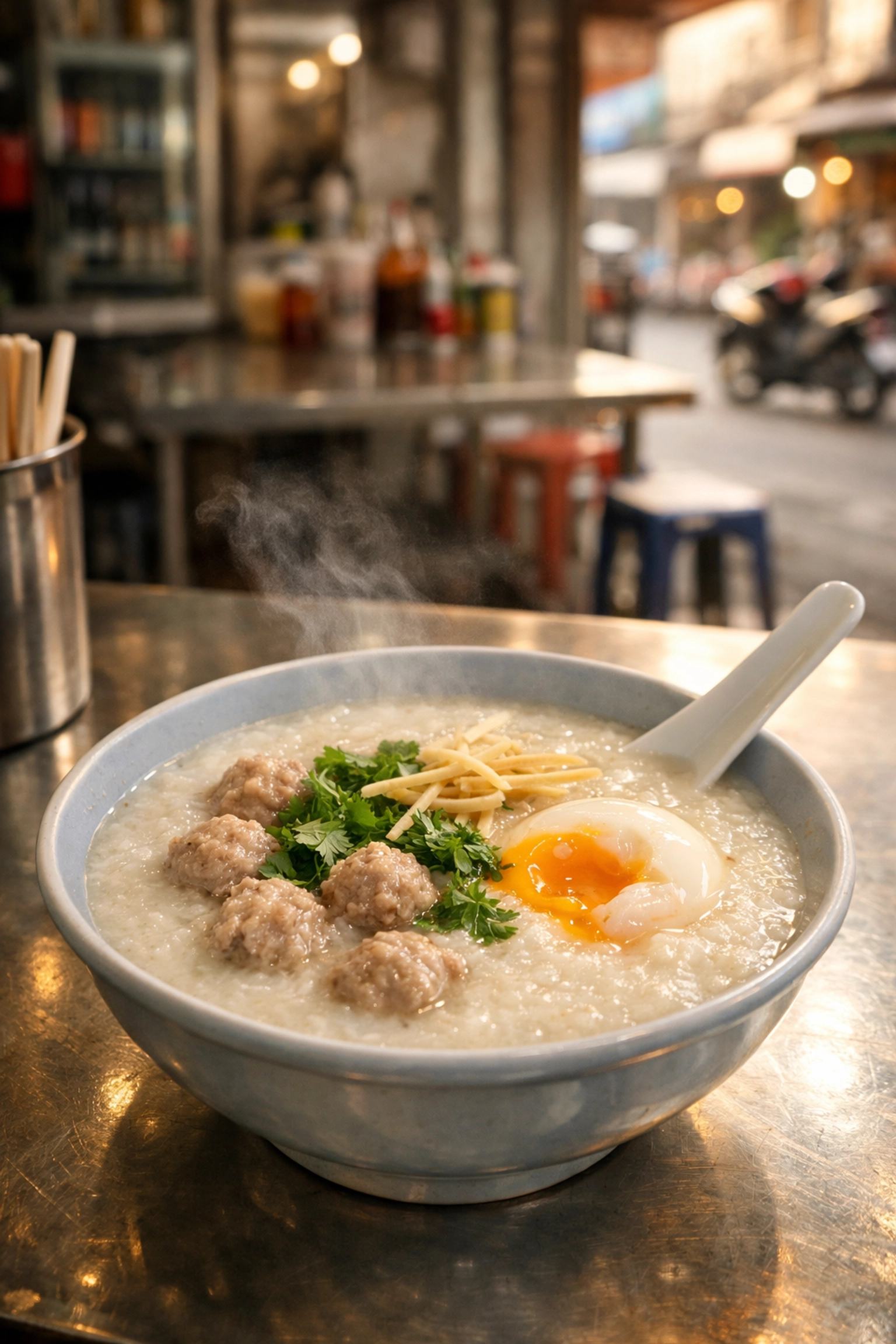 Top 10 Bangkok Street Food Spots Every Budget Traveler Needs to Try 3 A steaming bowl of Jok congee at Jok Prince in Bangkok, one of the best cheap eats for budget travelers.