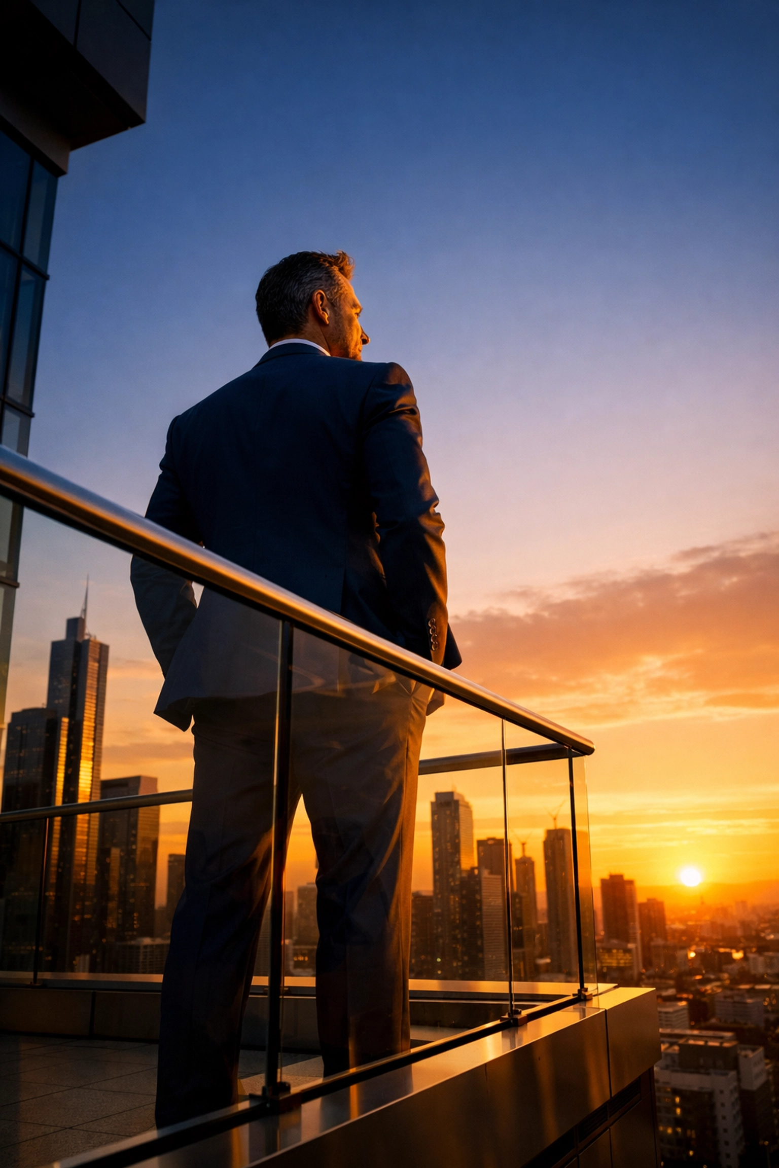 Property management owner celebrating a successful business exit and financial freedom on a balcony.