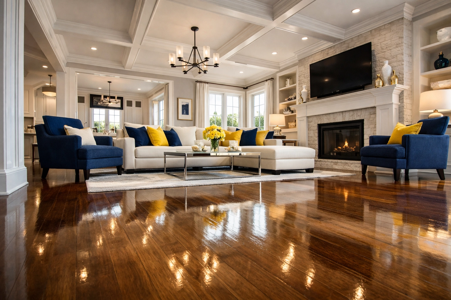 A perfectly clean and dust-free Massachusetts living room after professional home cleaning services near me.