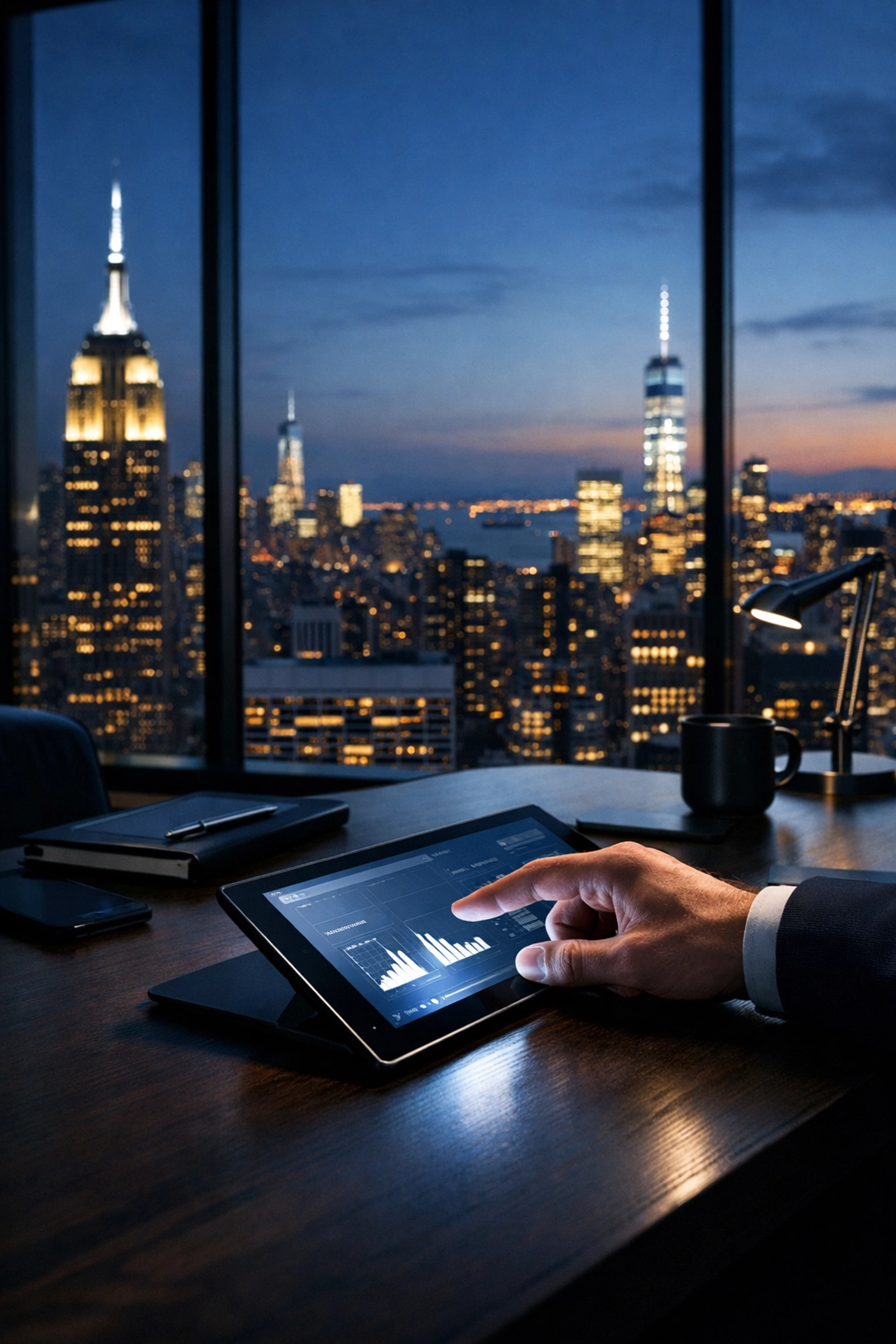 Controlling flexible event-based DOOH campaigns on a tablet in a modern New York City office environment.