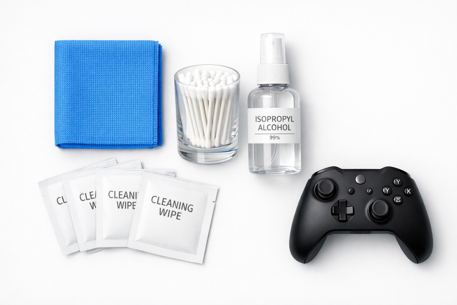 Professional electronics cleaning kit with isopropyl alcohol and cotton swabs next to a game controller.
