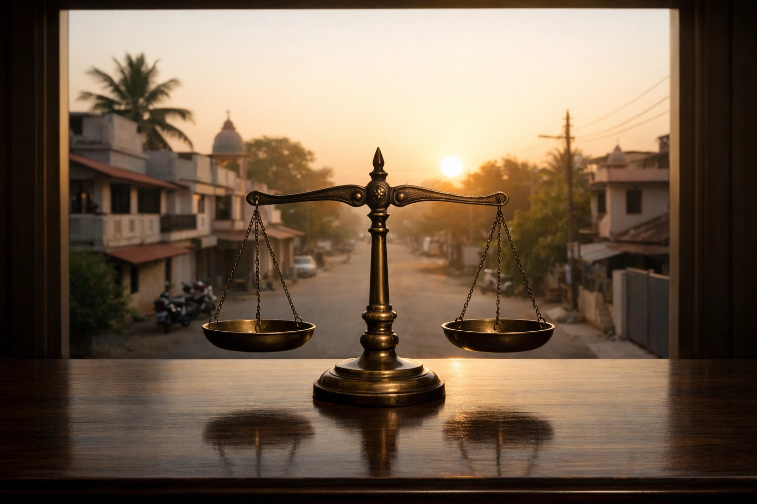 Brass scales of justice overlooking a calm Indian street, representing balanced religious liberty laws.