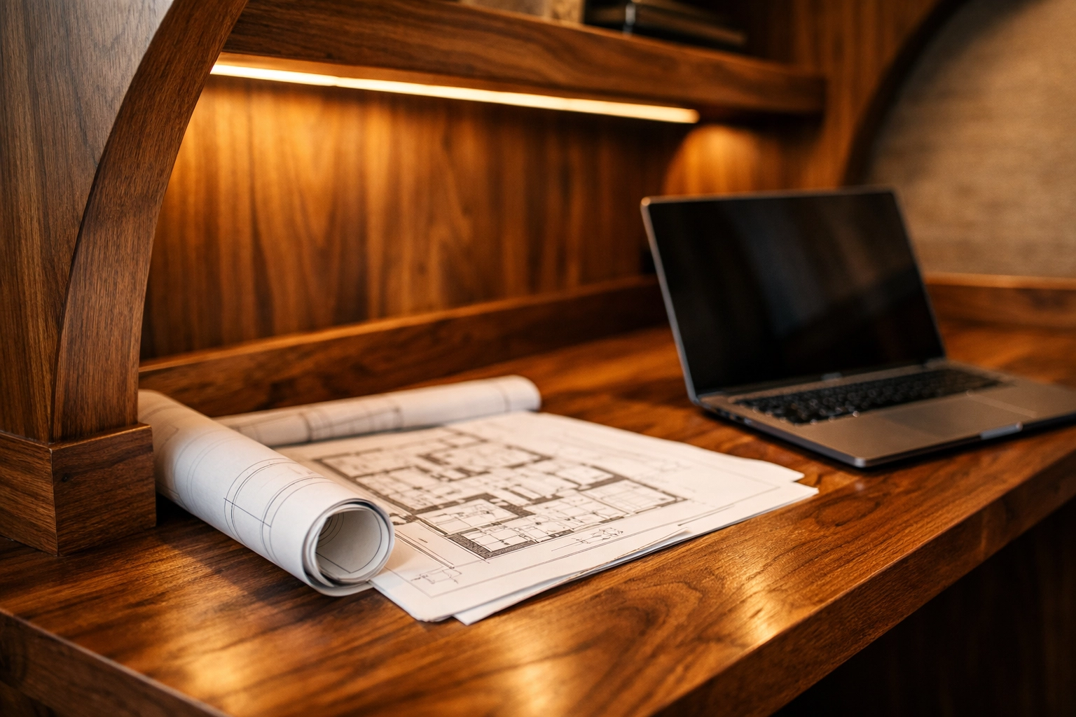 Custom-fitted walnut desk featuring bespoke carpentry in a modern West Sussex home office.