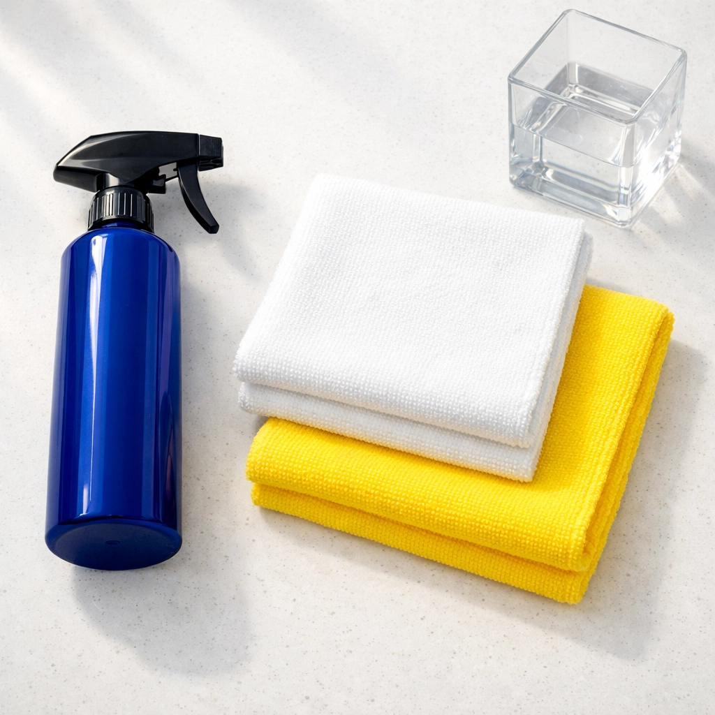 Professional mirror cleaning kit with a blue spray bottle and microfiber cloths on a counter.