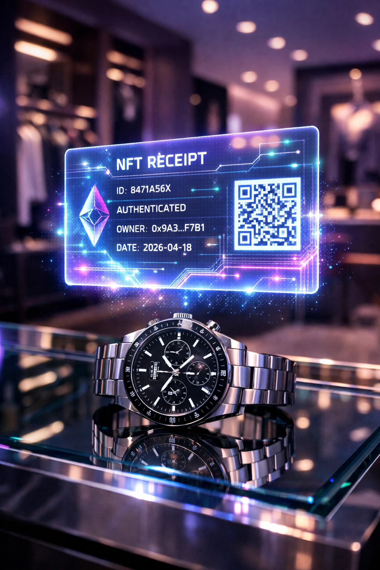 A holographic NFT receipt for a luxury item, providing secure and permanent proof of ownership on-chain.