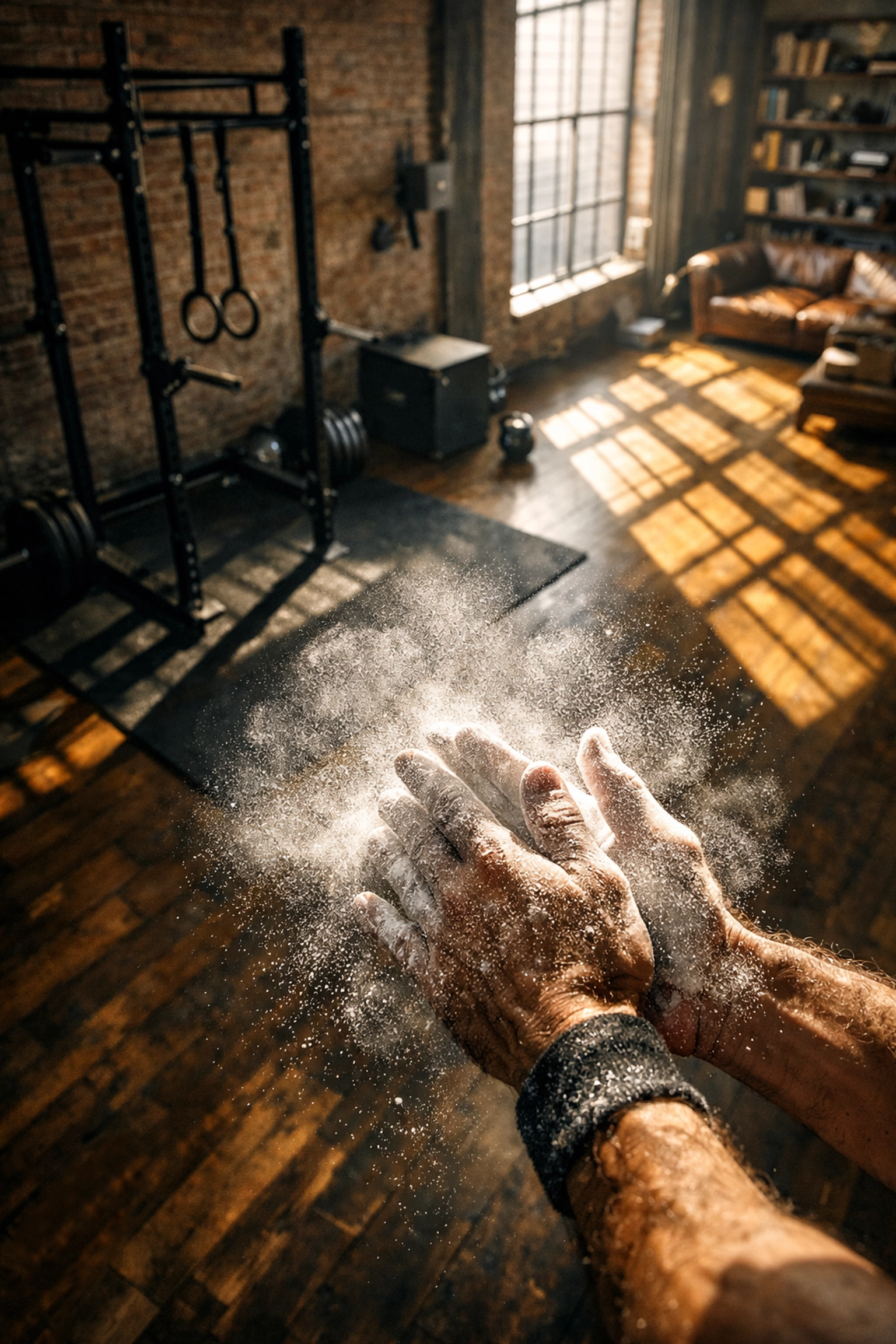 Chalk-covered hands preparing for a full body workout at home in a high-performance loft gym setup.