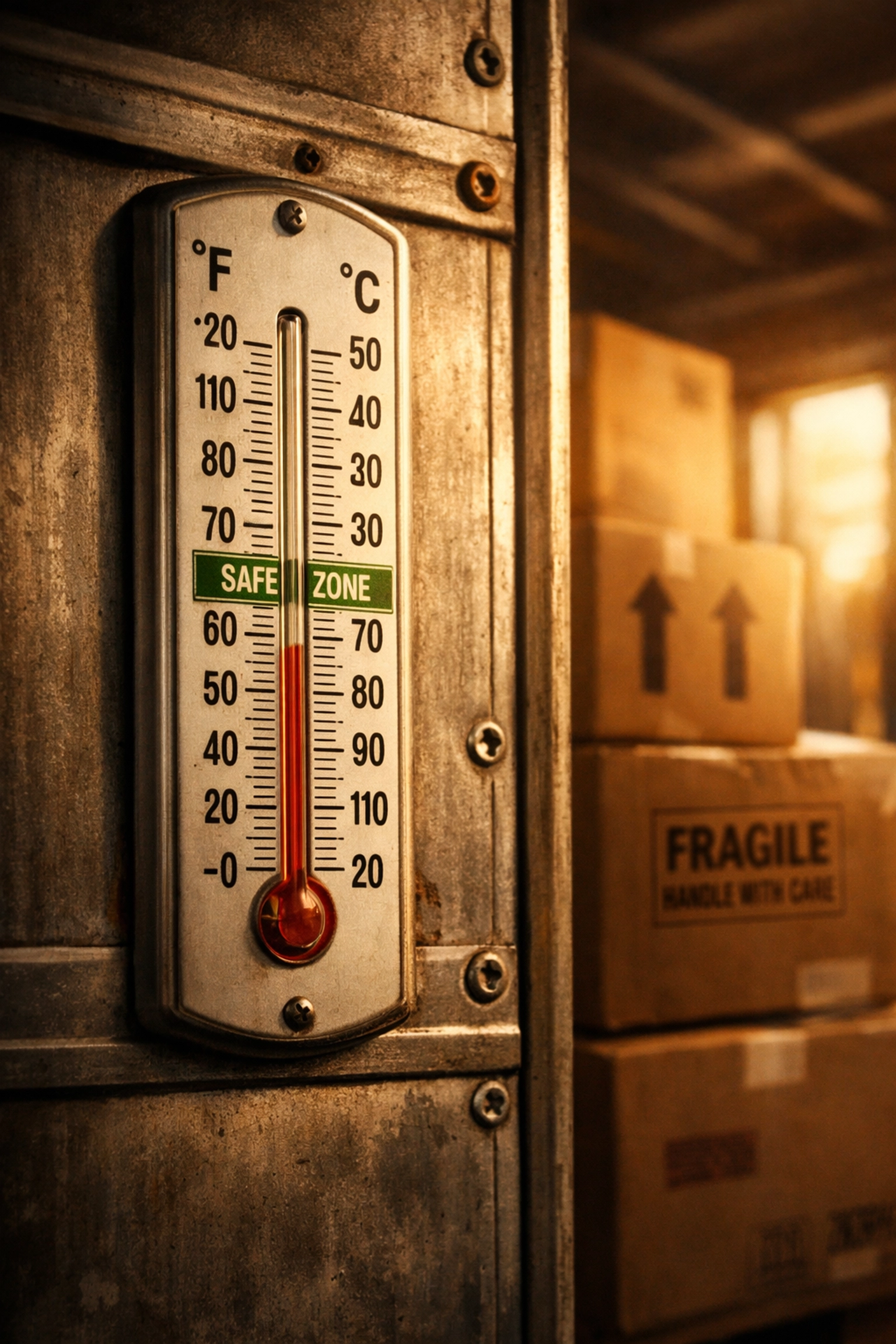 Thermometer showing safe temperature for transporting vinyl records in moving truck