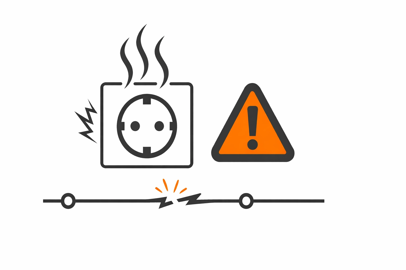 Warnsignal: Steckdose/Brandgefahr – abstraktes Fehlerszenario (Illustration im Elektro-Zentrum CI-Stil)