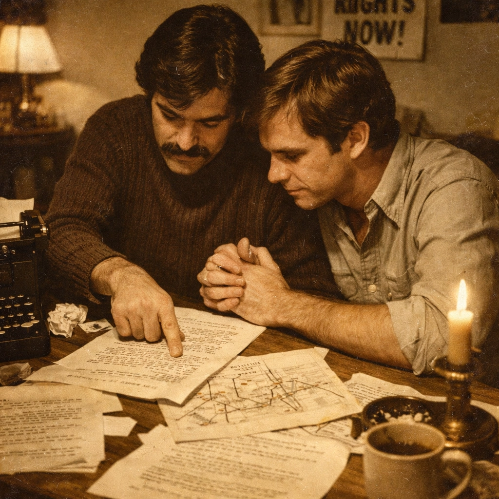 Gay activists in the 1970s planning the first Christopher Street Liberation Day march at a wooden table.