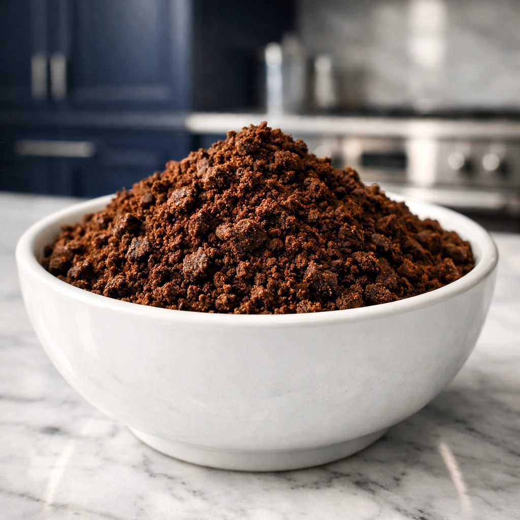 Dry coffee grounds in a ceramic bowl used as a natural, eco-friendly fridge deodorizer.