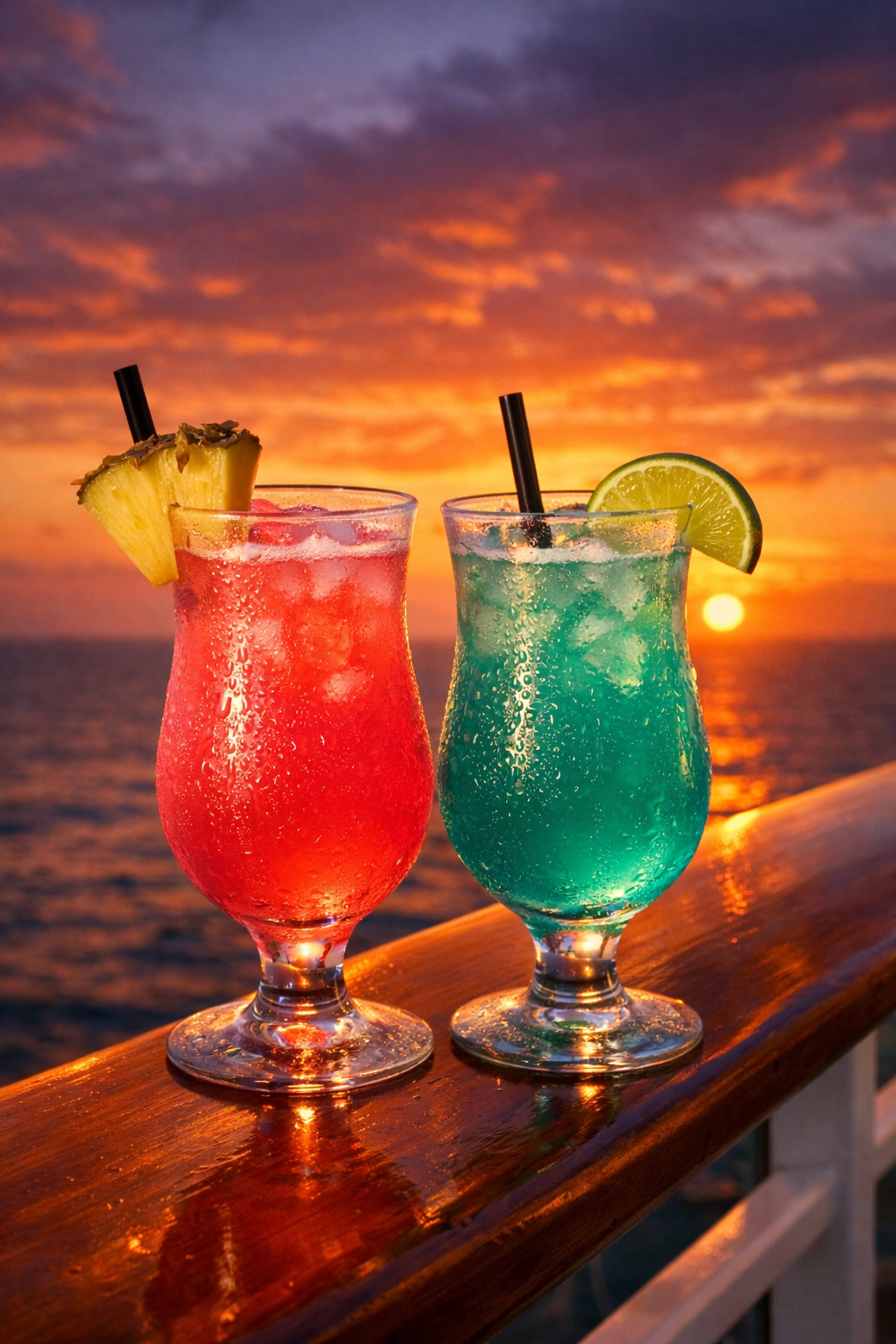 Tropical cocktails on a cruise ship balcony at sunset, perfect for group cruise vacationers.