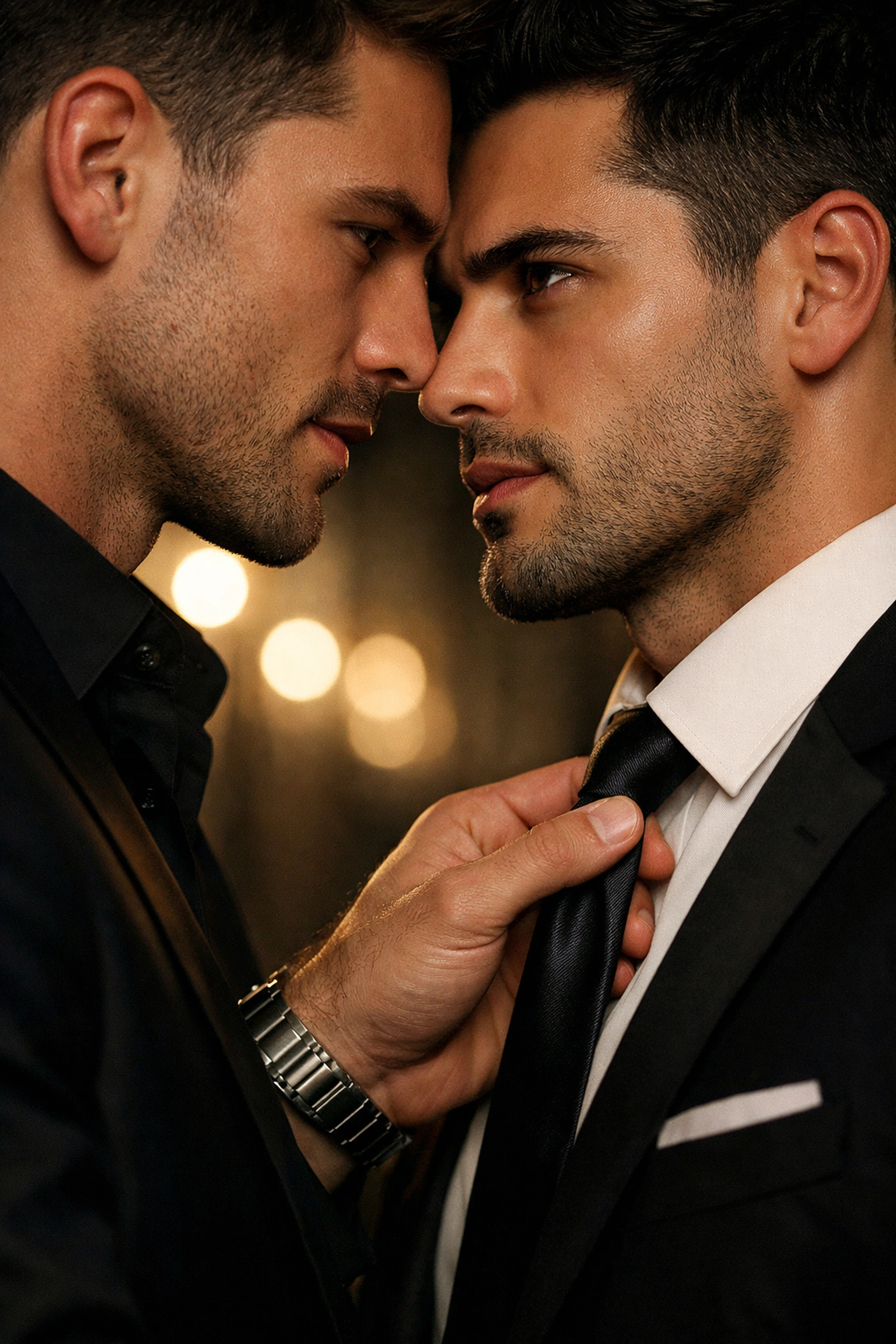 Intimate close-up of an agent adjusting a model’s tie, showcasing gay romance chemistry.