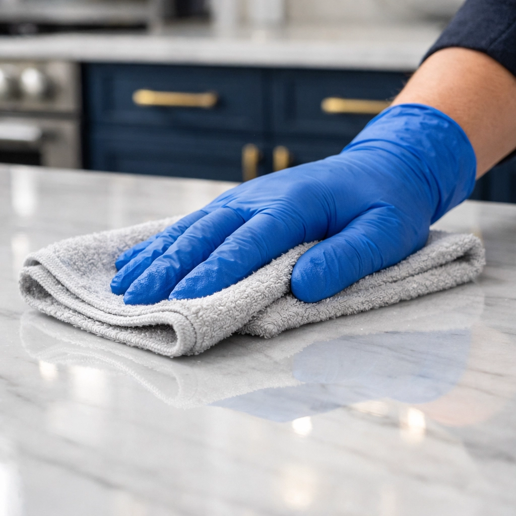 Close-up of a professional cleaner sanitizing a marble kitchen counter in Ashby MA.