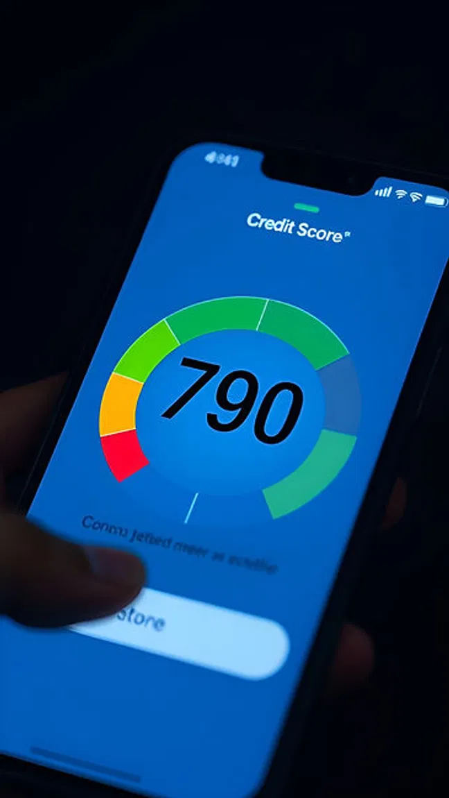 A smartphone displays a credit score of 790