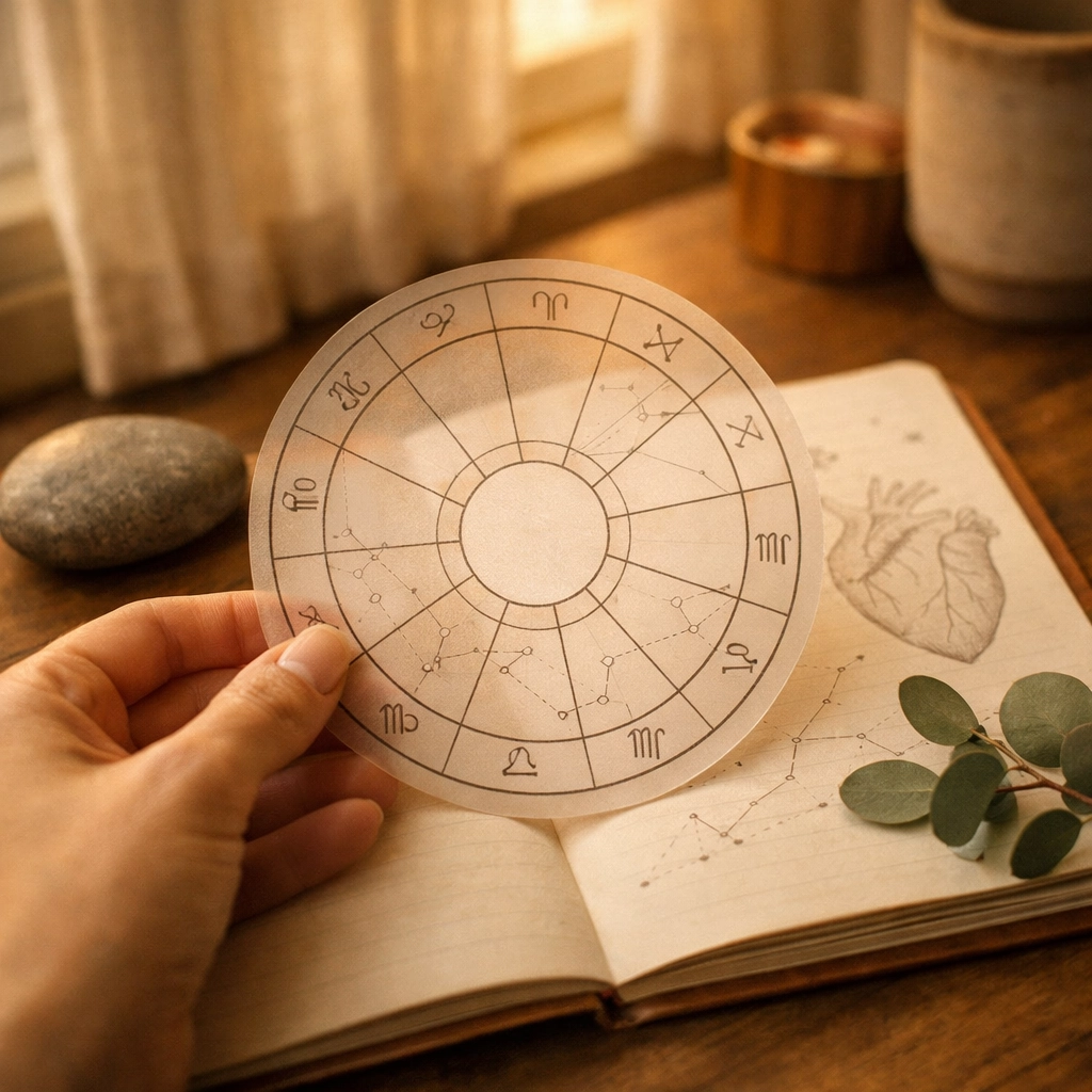 An astrological birth chart overlay on a notebook representing the Chiron Effect diagnostic tool for healing.