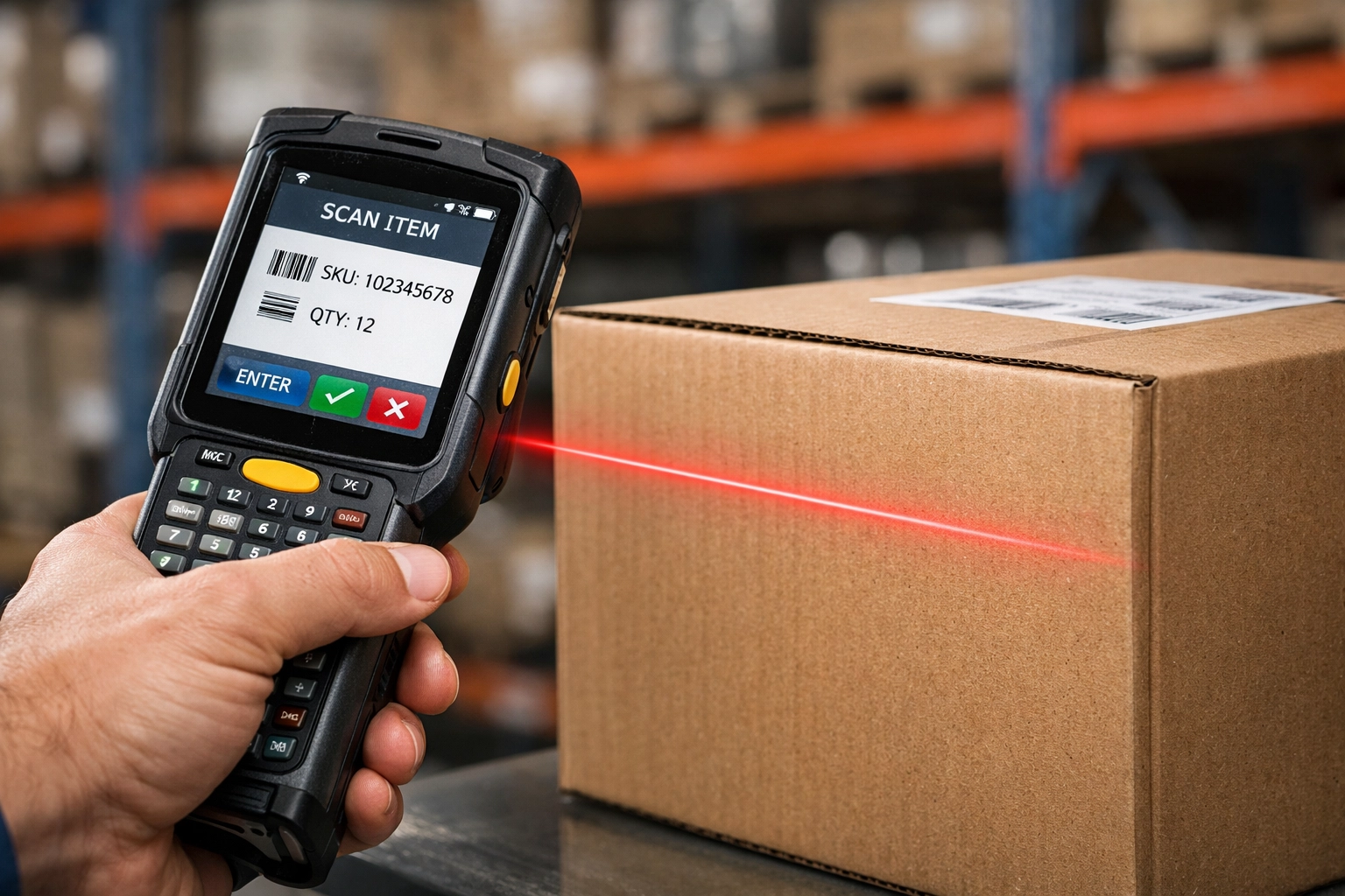 Warehouse operator using a scanner for accurate inventory management and logistics in retail.