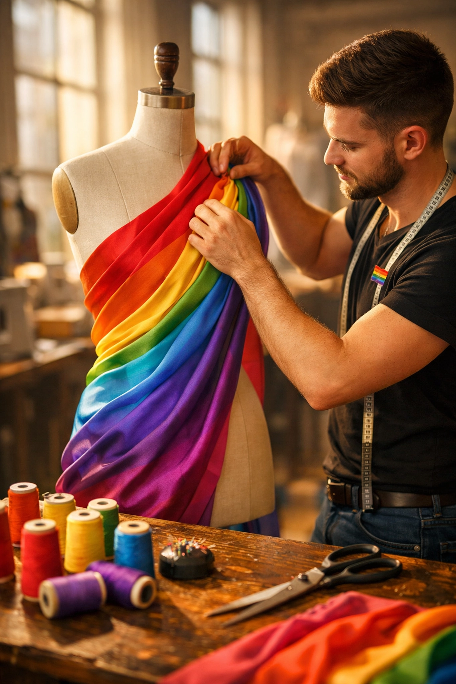 Gay fashion designer draping rainbow fabric in couture atelier workspace