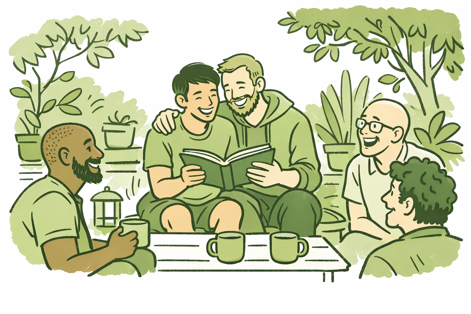 A group of gay men sharing queer fiction in a garden, representing the power of LGBTQ+ community.