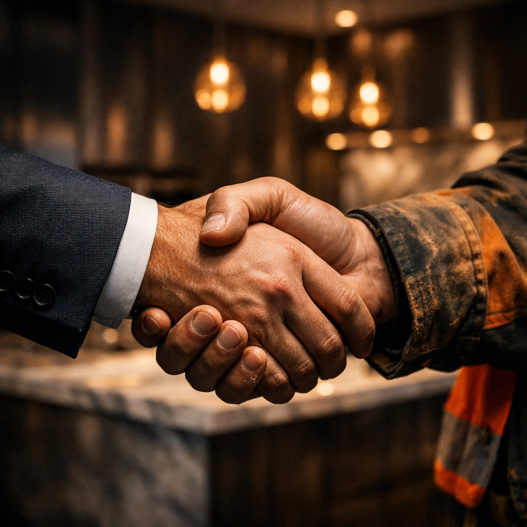 A professional builder and homeowner shaking hands in a high-spec kitchen to confirm a successful project.